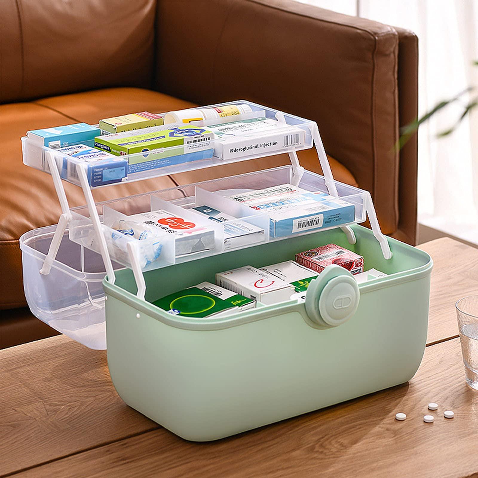 PerGar PerGar Plastic Medicine Box, First Aid Box, Plastic Medicine Cabinet Storage Box with Compartments, 3 Tier Emergency First Aid Kit Organizer, Transparent Lockable Lid, Medicine Box(Green)
