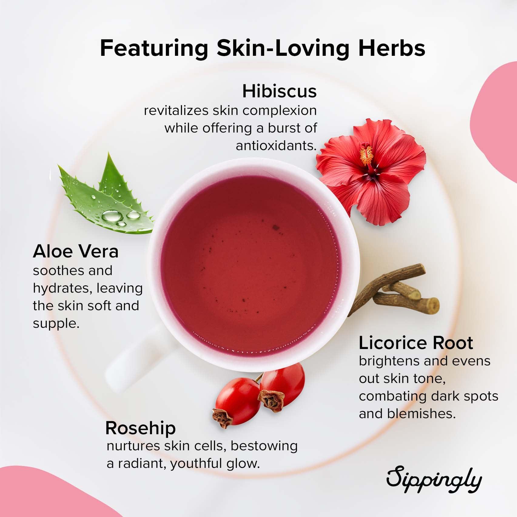 Sippingly Skin Glow Wellness Tea Sampler - 40 Tea Bags, 10 Flavors - Hibiscus, Rosehip, Aloe Vera, Licorice Root - Vegan, Gluten-Free, Organic Herbal Tea Gift for Skincare Lovers, Skin Detox and Clear Skin Tea
