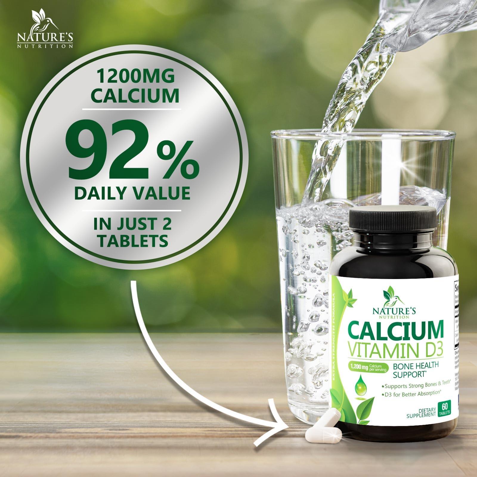 Nature's Nutrition Calcium 1200 mg with Vitamin D3, Calcium Supplement Vitamins, Supports Bone Strength, Teeth & Immune System, Calcium Supplements for Women & Men, Nature\'s Absorbable Calcium Carbonate - 60 Tablets