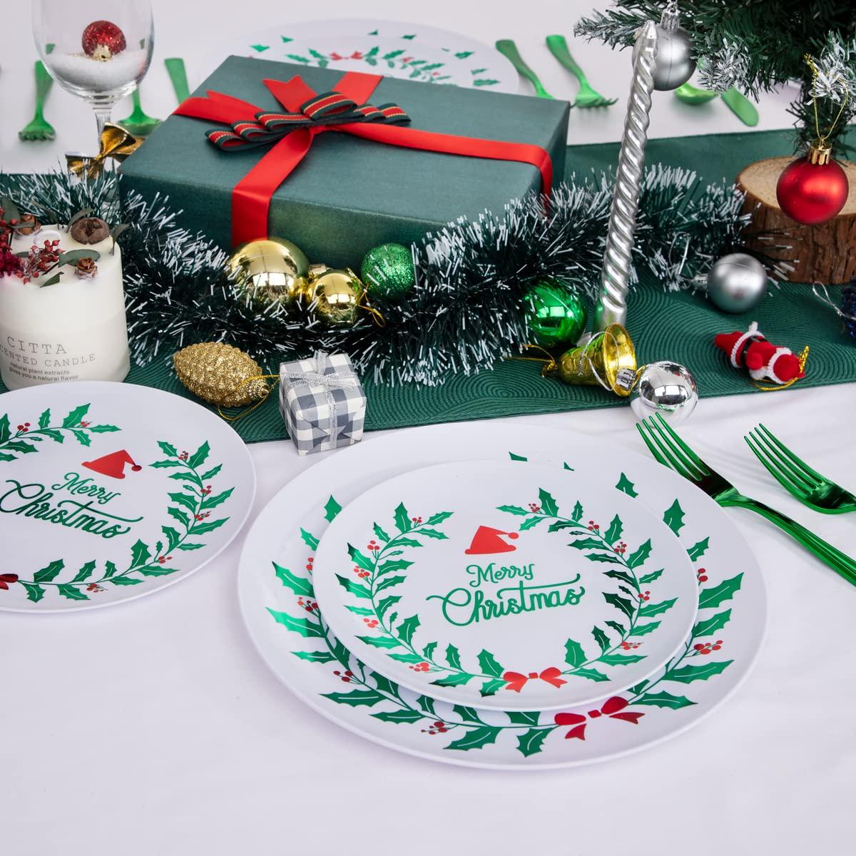 DaYammi DaYammi 60 PCS Christmas Plates White and Green Plastic Plates Red and Green Christmas Disposable Party Plates Include: 30 Christmas Dinner Plates 10.25\", 30 Dessert Plates 7.5\" for Christmas Party