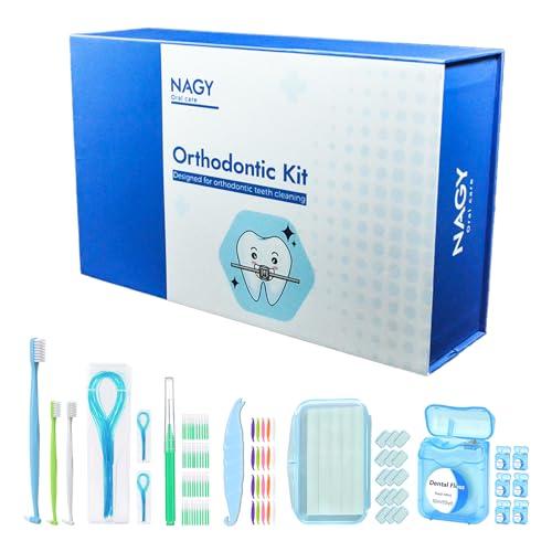 NAGY NAGY Braces Cleaning Kit with Orthodontic Toothbrush, Interdental Brushes Between Teeth, Dental Floss, Floss Threaders, Ortho Wax, Braces Accessories for Teeth
