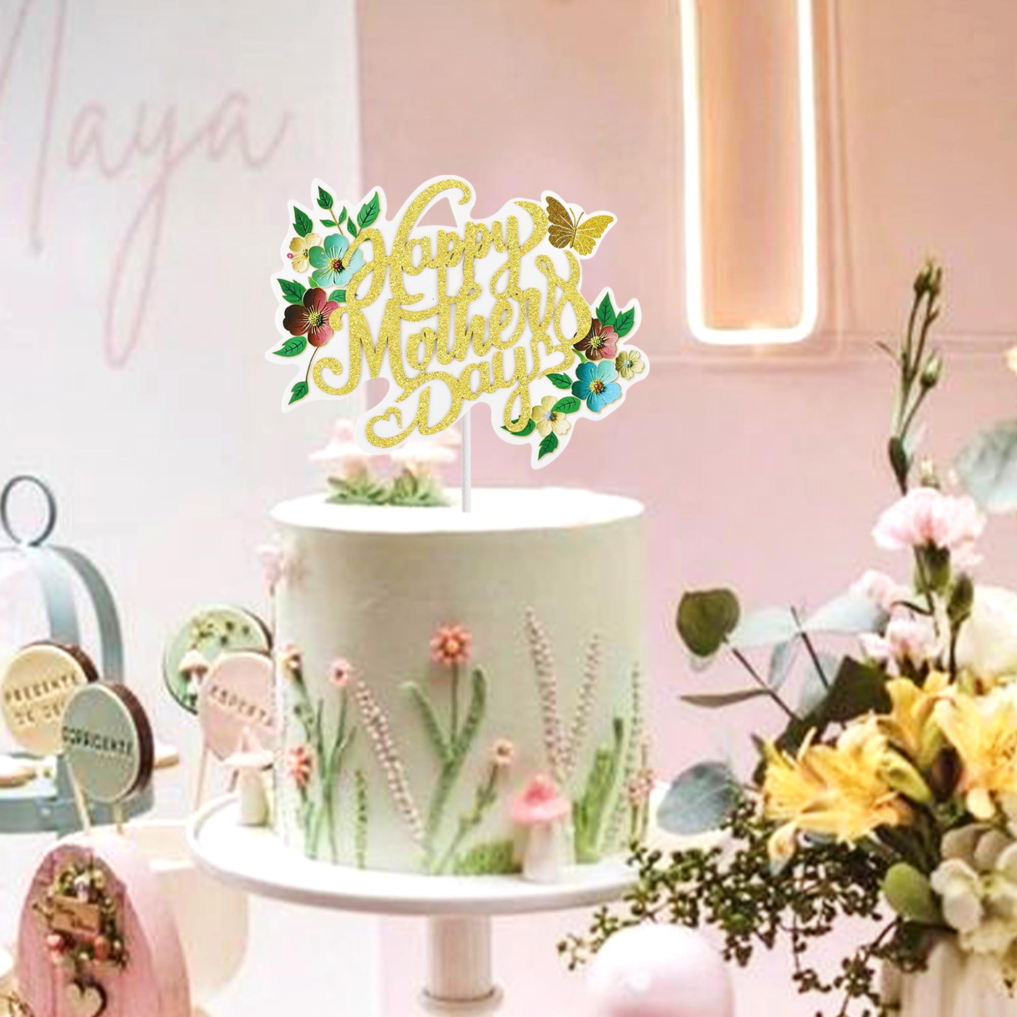 Giga Gud Happy Mother\'s Day Cake Topper Mom Letter Cake topper Gold Glitter Cake topper Decorative Party Cake Decoration for Mother\'s Day(Rose Gold-Gold-mom) (red gold)
