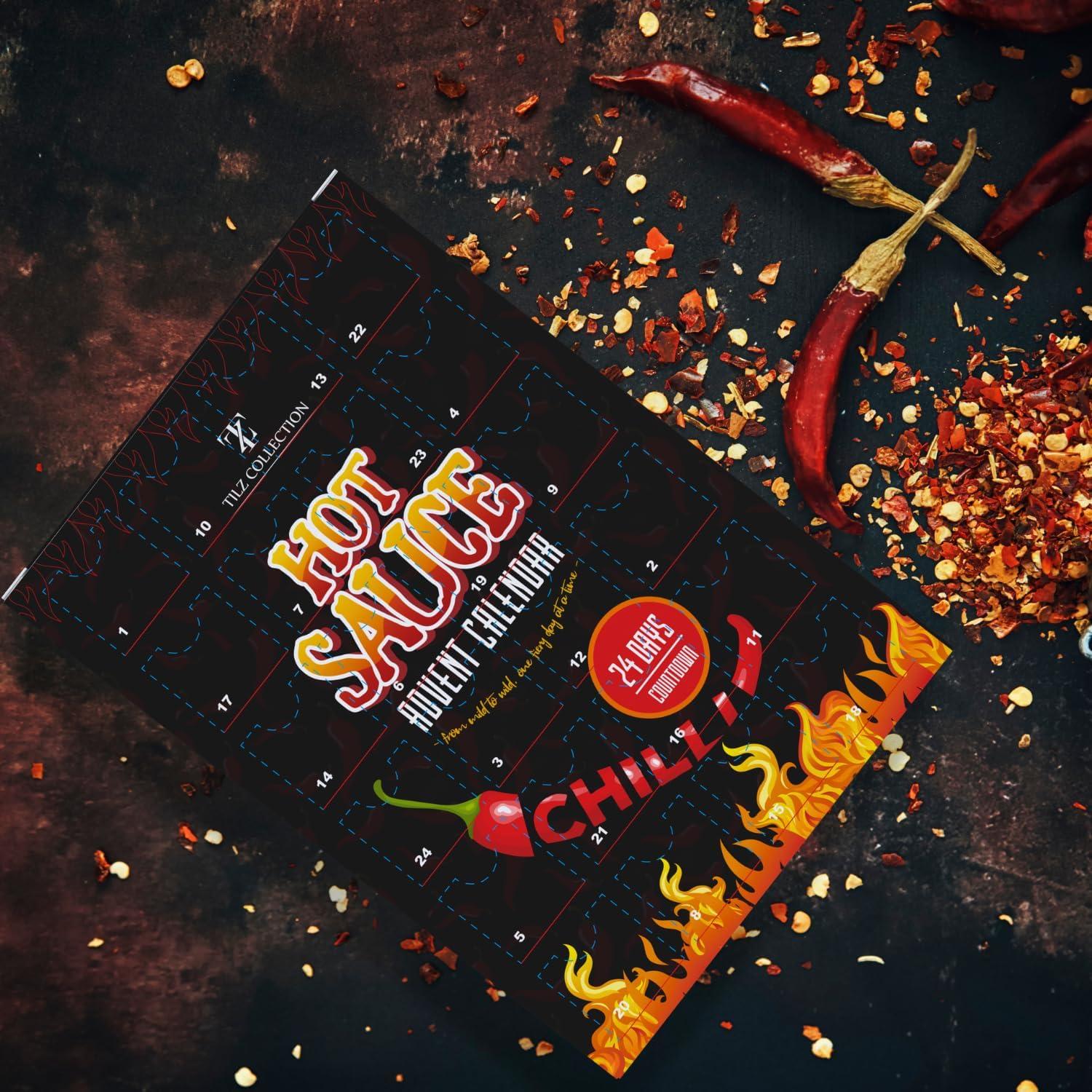 TILZ COLLECTION Hot Sauce Advent Calendar 2024-24 Days Chilli Sauce Advent Calendar, Food Advent Calendar 2024 Men, Hot Sauce Set, Non-chocolate Advent Calendar Women, Chilli Challenge Hot Sauce (Black)