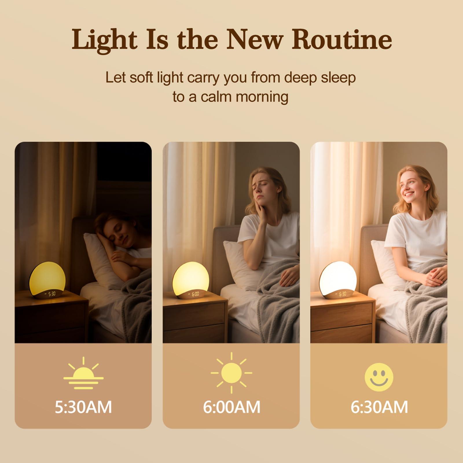 REACHER REACHER Wood Grain Sunrise Alarm Clock and Sound Machine Nightlight, Digital Dimmable Clock for Bedroom, 26 Sleep Sounds, White Noise Machine for Baby, Adults, Wake Up Light Alarm Clock for Kids