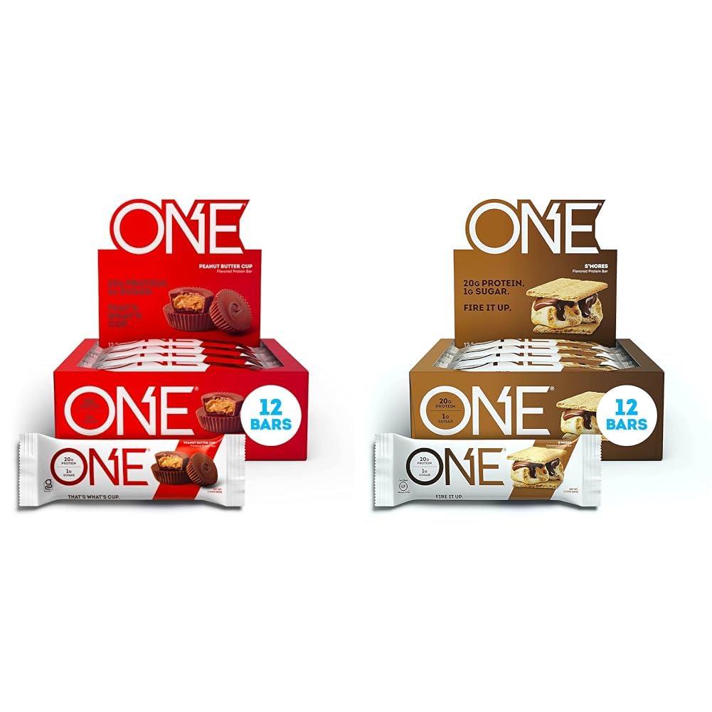 ONE ONE Protein Bars, Peanut Butter Cup, Gluten Free Protein Bar with 20g Protein and only 1g Sugar & Protein Bars, Smores, Gluten Free Protein Bars with 20g Protein and only 1g Sugar