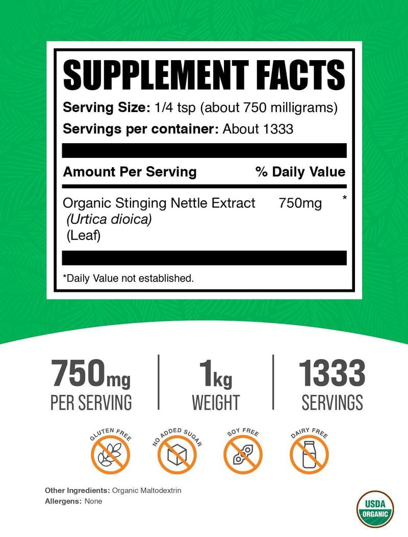 BulkSupplements BulkSupplements.com Organic Stinging Nettle Extract - from Stinging Nettle Leaf, Nettle Supplement - Vegan & Gluten Free, 500mg per Serving, 1kg (2.2 lbs) (Pack of 1)