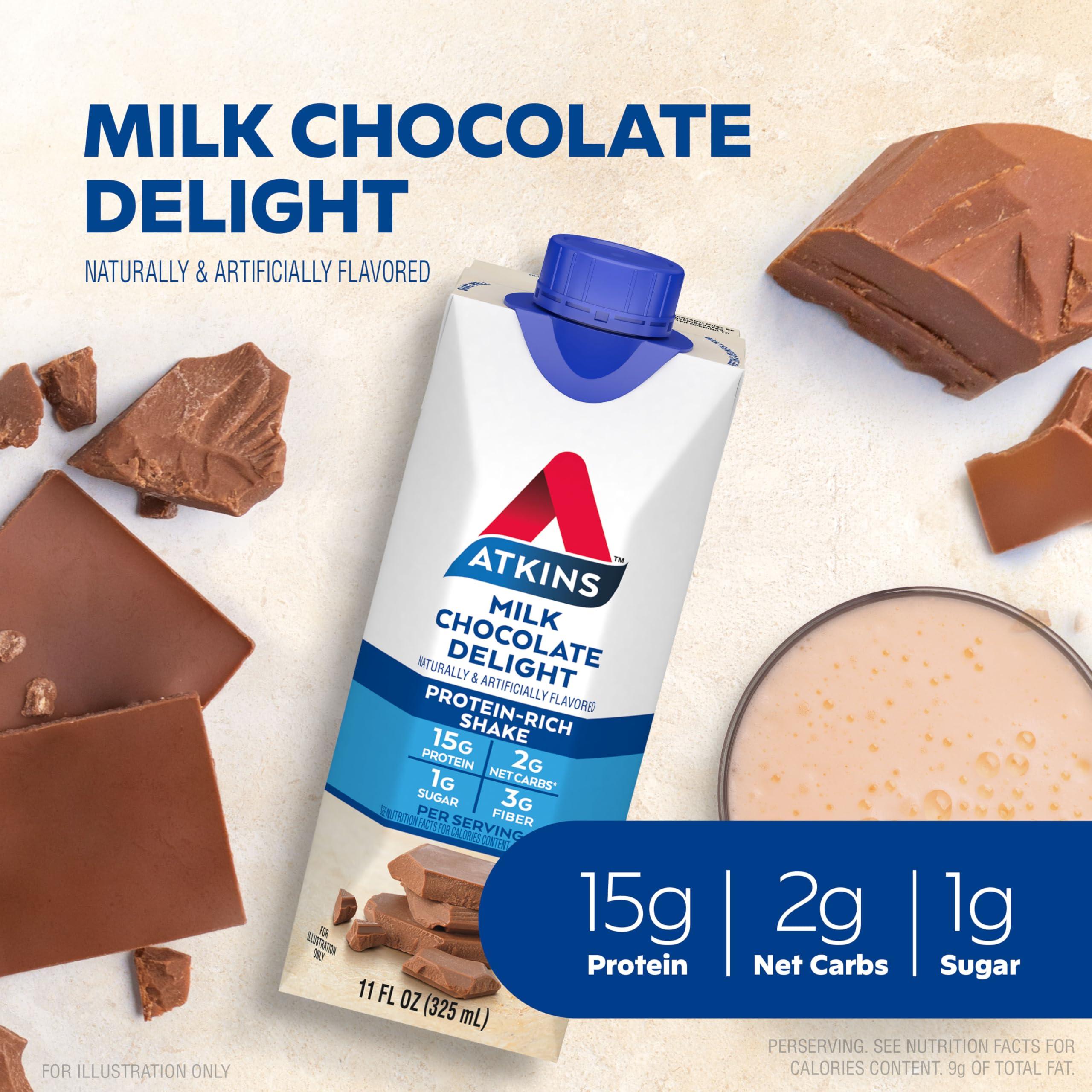 Atkins Atkins Creamy Chocolate Meal Size Protein Shake & Milk Chocolate Delight Protein Shake, 15g Protein, Low Glycemic, 2g Net Carb, 1g Sugar, Keto Friendly, 12 Count