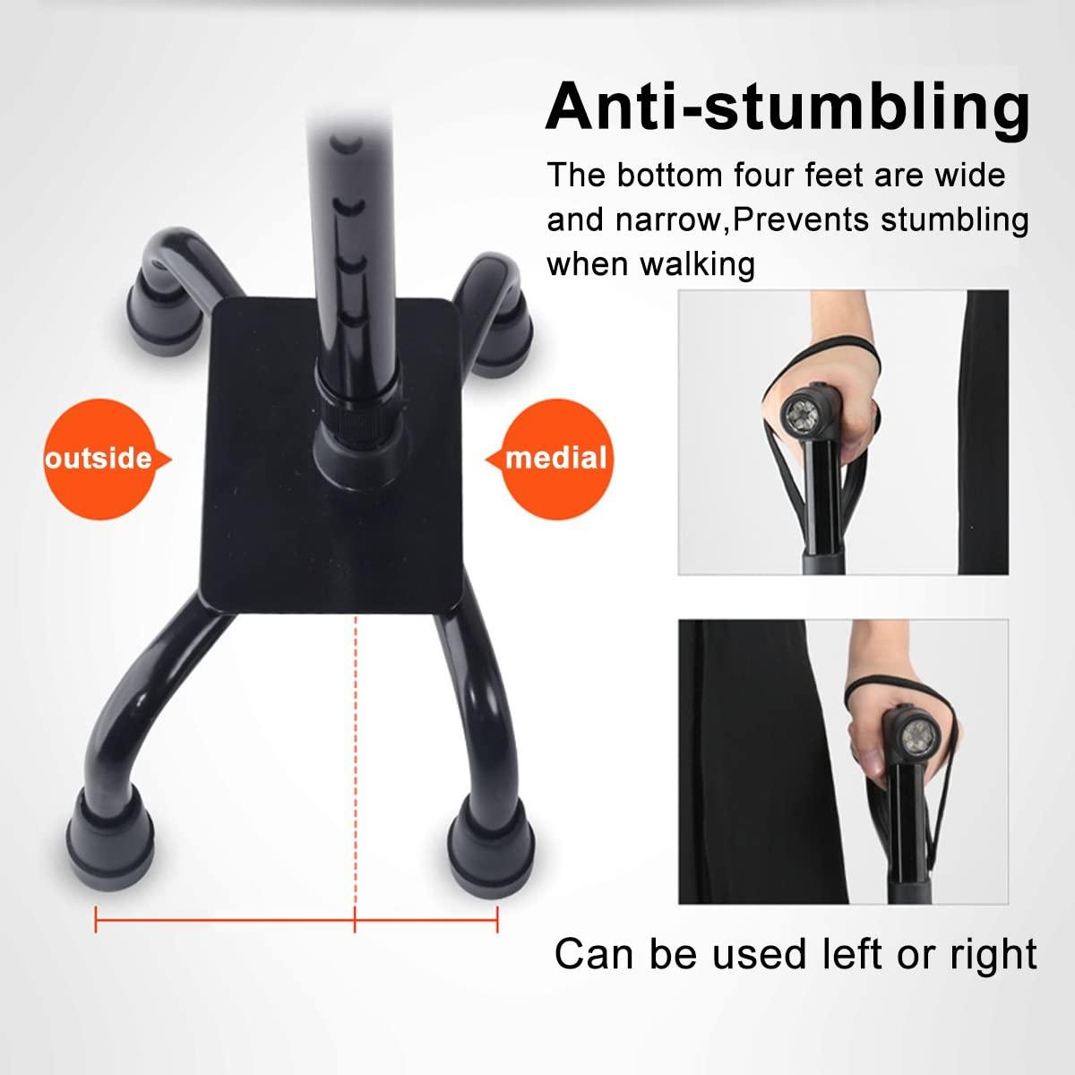 AMOCHO AMOCHO Adjustable Walking Cane with Light,with 4-Pronged feetAdjustable from 29-38 InchesWalking Sticks with Extra Stability Small Quad BaseWorks for Right or Left Handed Men or Women