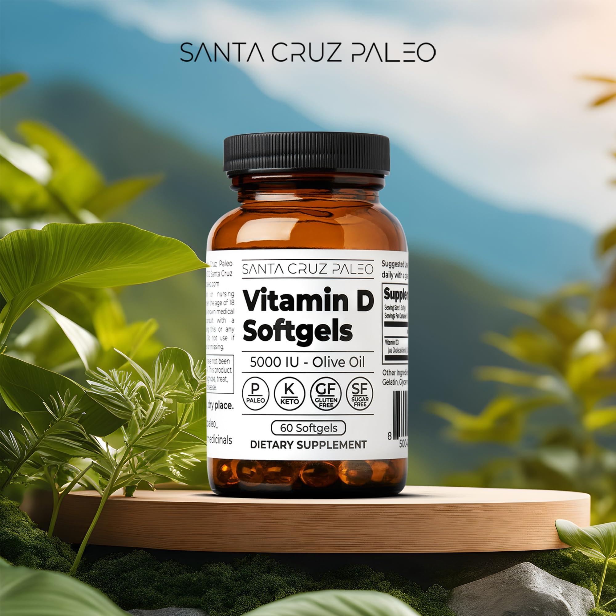 Santa Cruz Paleo Santa Cruz Paleo Vitamin D Supplement, Bone Health & Immune Support, 5000 i.u. Per Softgel, Gluten Free, Keto, Sugar Free, Paleo, Vitamin D3, Olive Oil for Absorption, Natural Ingredients, 60 Softgels