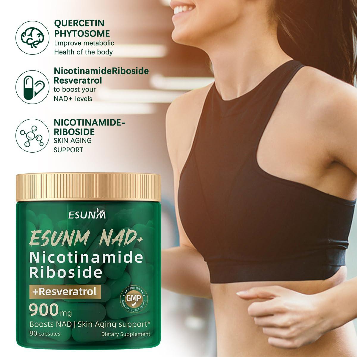 ESUNM Nicotinamide Riboside 900mg, NAD+ Supplement Resveratrol Nutritional Supplements, Supplement for Anti-Aging, Energy, Focus - 80 Capsules