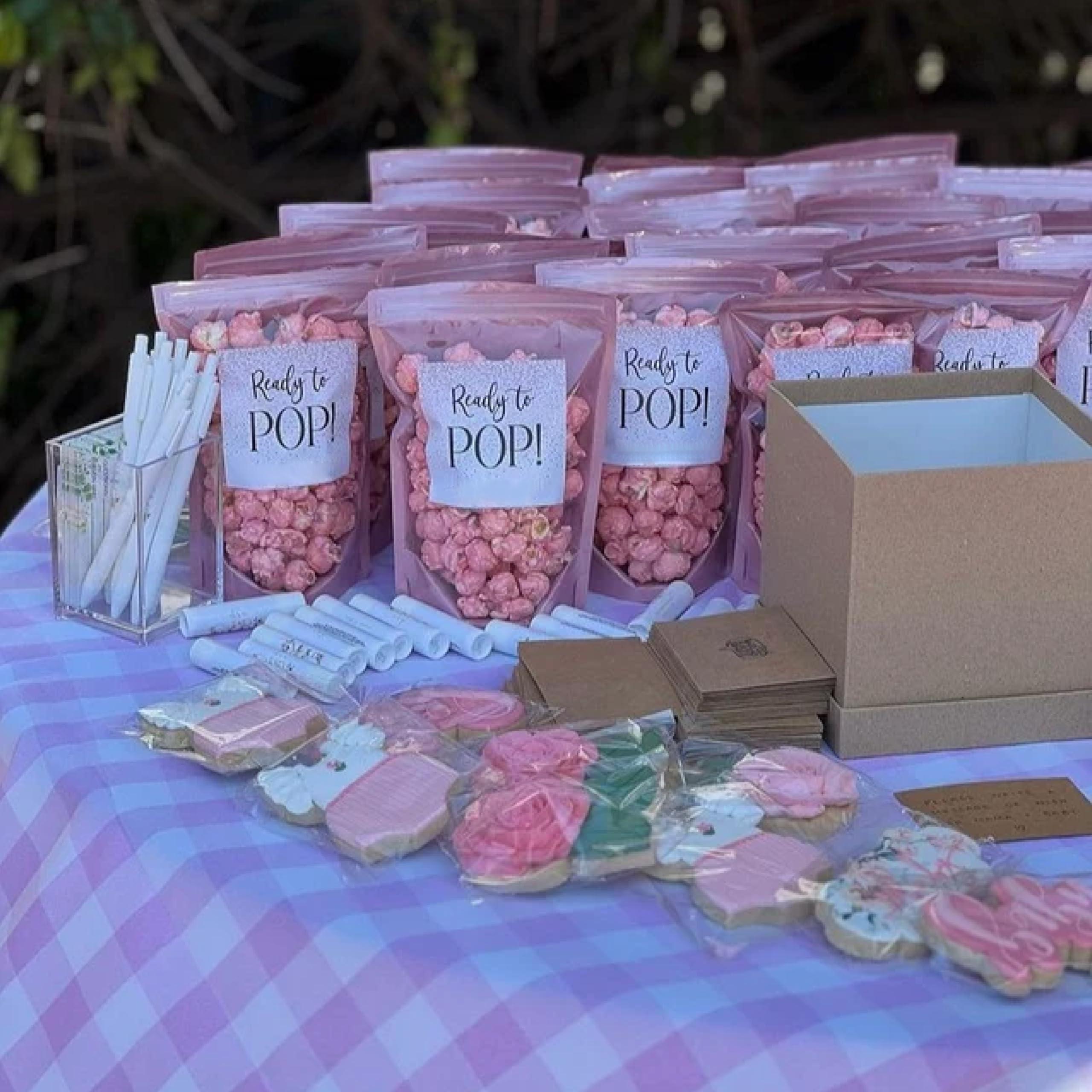 Puremigo 50 Pack Luxury Ready Pop Popcorn Bags Baby Shower, Pink Popcorn Bags, Stand up Zip Pouches Treat Bags, Popcorn Baby Shower Favors, 5.5 x 7.7 x 3.2inch