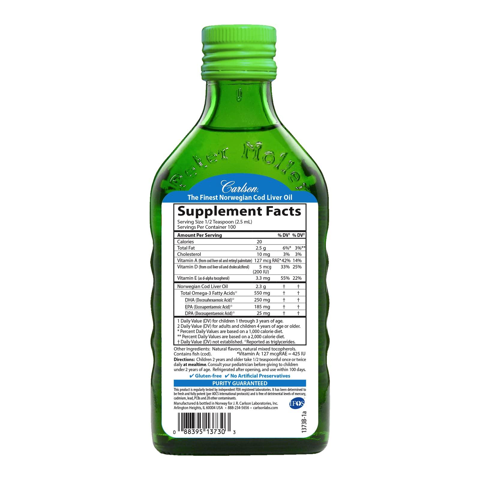 Carlson Carlson - Kid\'s Cod Liver Oil, 550 mg Omega-3s, Plus Vitamins A and D3, Liquid Fish Oil, Wild Caught Norwegian Arctic Cod, Sustainably Sourced Nordic Fish Oil, Green Apple, 250 mL (8.4 Fl Oz)