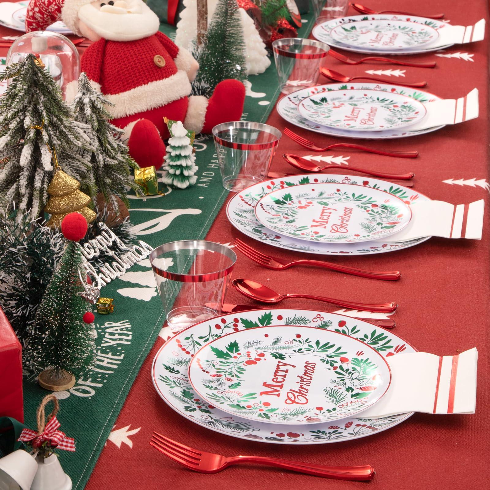 bUCLA bUCLA 175PCS Christmas Plates Dinnerware Set - Green and Red Christmas Plastic Plates and Napkins Disposable Include 25 Dinner Plates,25 Dessert Plates,75 Cutlery,25 Cups&25 Napkins