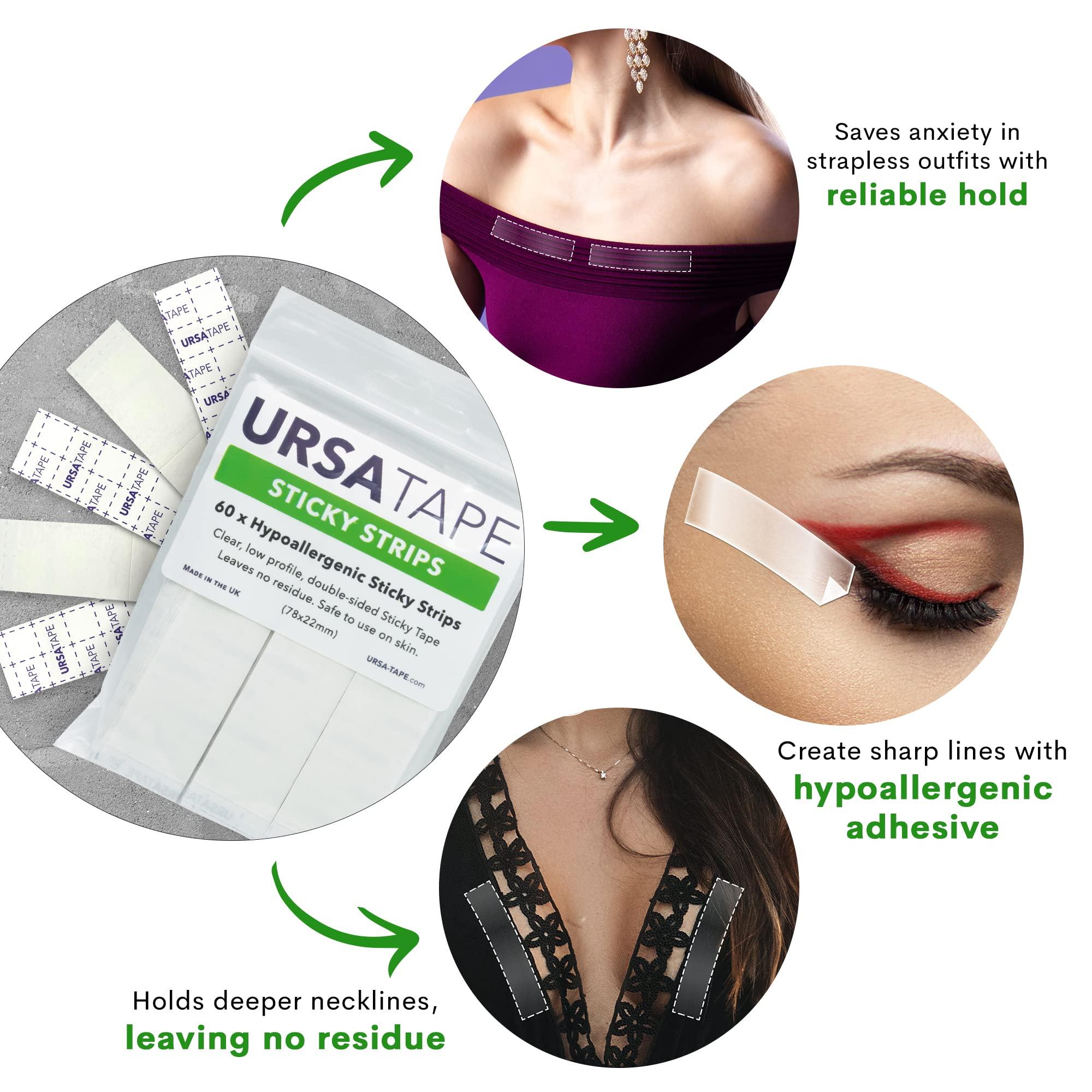 URSA Straps URSA Tape Sticky Strips No-Residue Clear Hollywood Fashion Tape for Women Double Sided | for Costumes, Dresses, Shoes & More | Body Tape for Delicate Skin, Double Sided Fabric Tape for Clothes 60 Pack