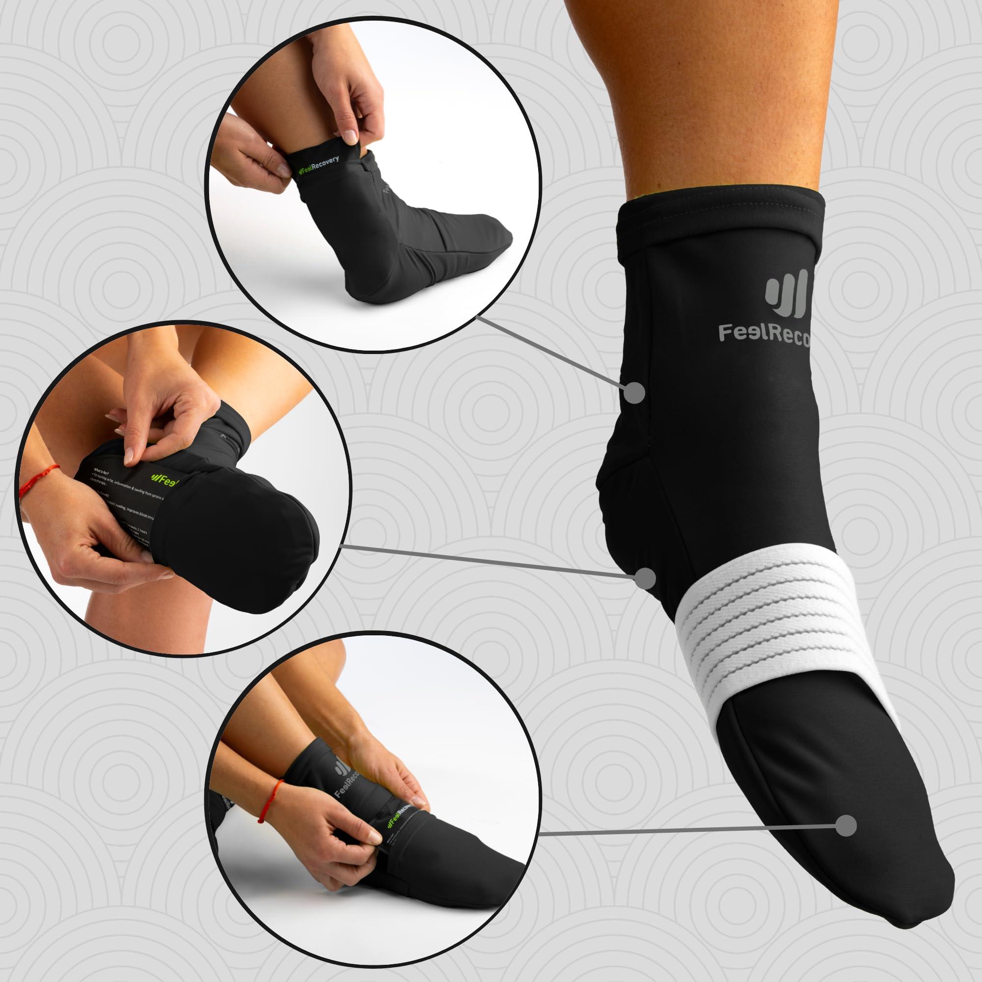 Feel Recovery Ice Pack Socks for Feet Coolers - Reusable Hot&Cold Therapy Socks w/Compression Straps - Cold Gel Pack for Neuropathy, Foot Pain, Plantar Fasciitis & Sprains (Black, L/XL)