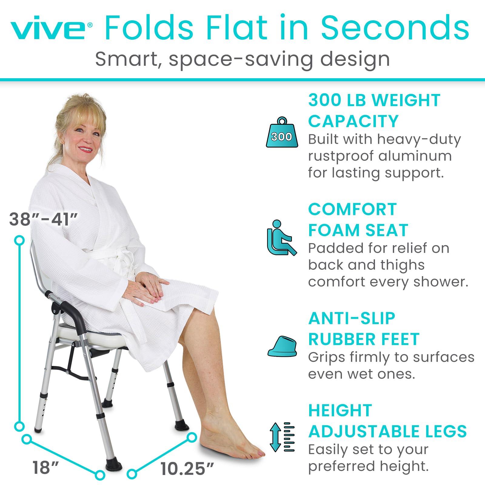 Vive Vive Shower Chair For Elderly And Disabled - Folding Seat With Arms And Back - Foldable Bathroom Chairs For Sitting, Inside Shower - Portable For Travel - Fold Down, Collapsible, Compact & Comfortable