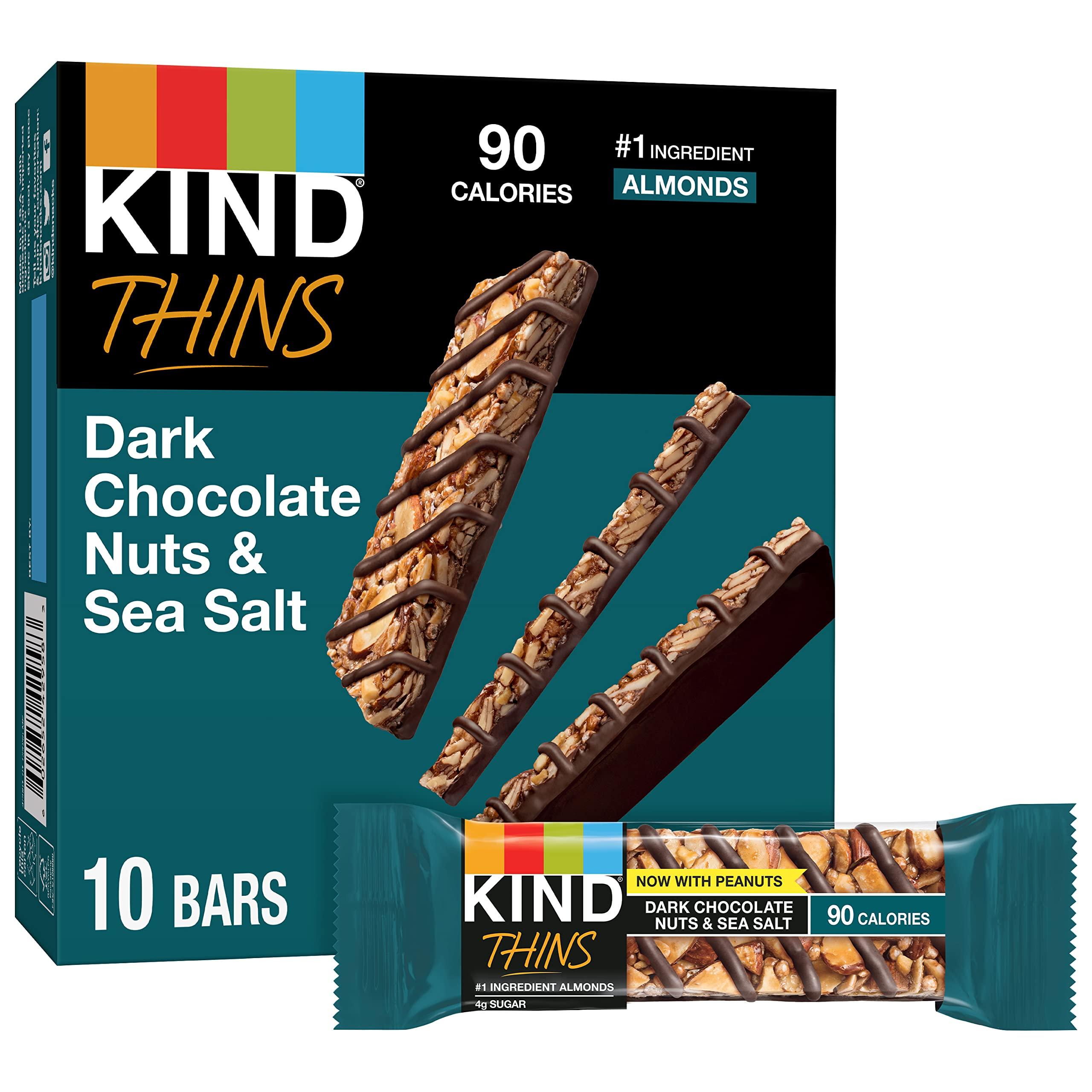KIND KIND THINS Dark Chocolate Nuts & Sea Salt Bars (Now with Peanuts), Gluten Free, 4g Sugar, 0.74 oz bars, 10 count