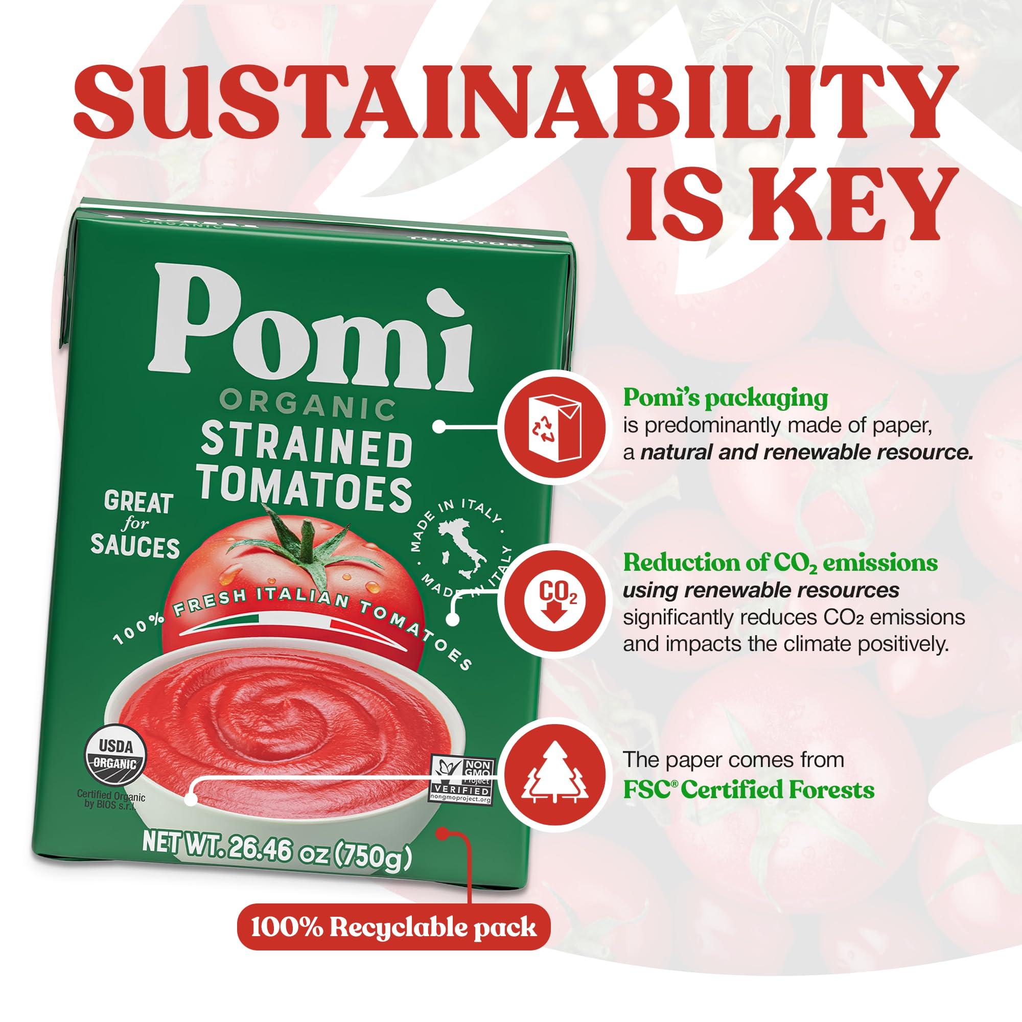 POMI\' Pom Organic Strained Tomatoes - Creamy, Velvety Puree - 100% Fresh Italian Tomatoes, Made in Italy - No additives, Kosher, Non-GMO, USDA Certified Organic - 26.46oz BPA-Free Carton (Pack of 12)