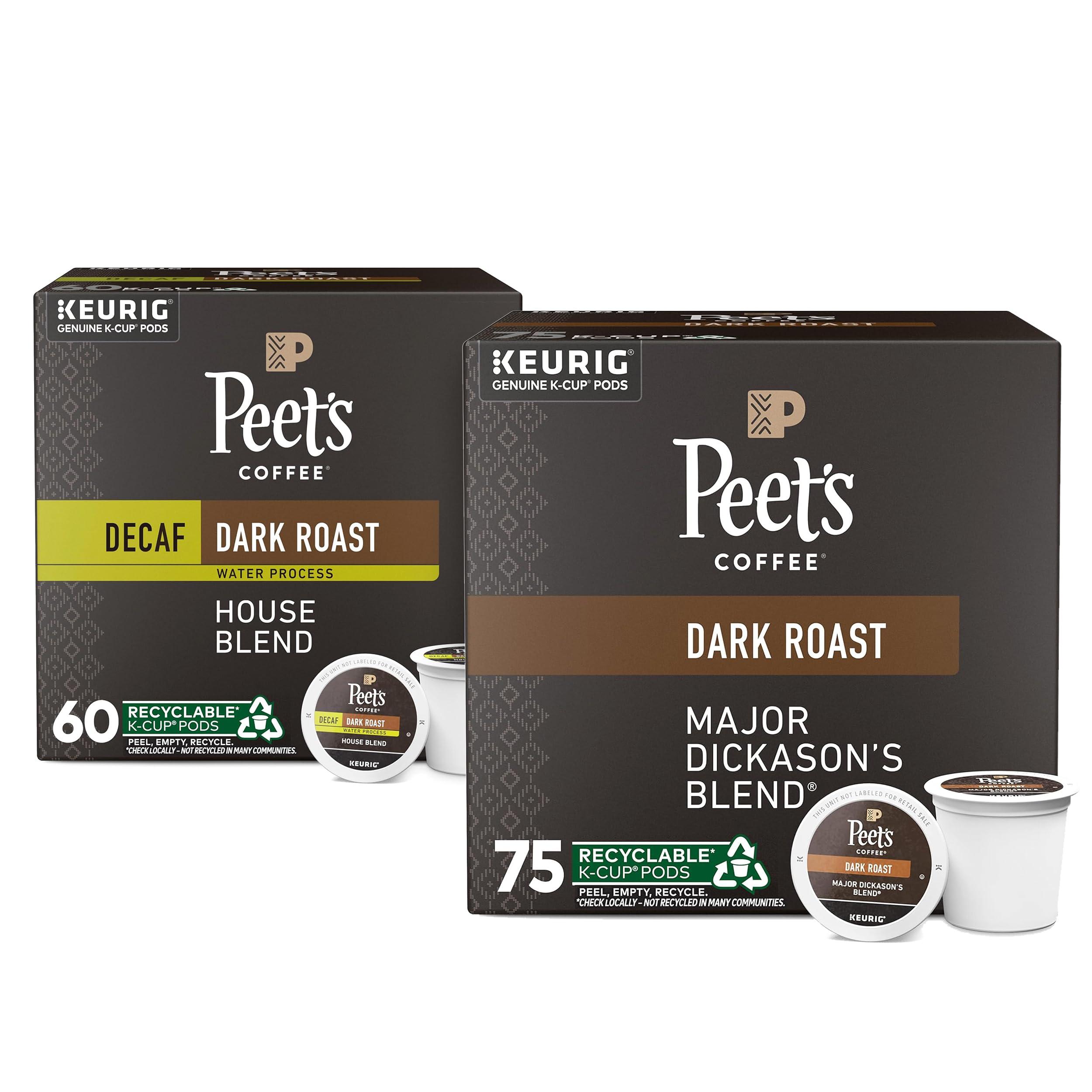 Peet\'s Coffee Bundle of Peet\'s Coffee, Dark Roast Decaffeinated K-Cup Pods for Keurig Brewers - Decaf House Blend, 60 Count + Dark Roast K-Cup Pods for Keurig Brewers - Major Dickason\'s Blend 75 Count