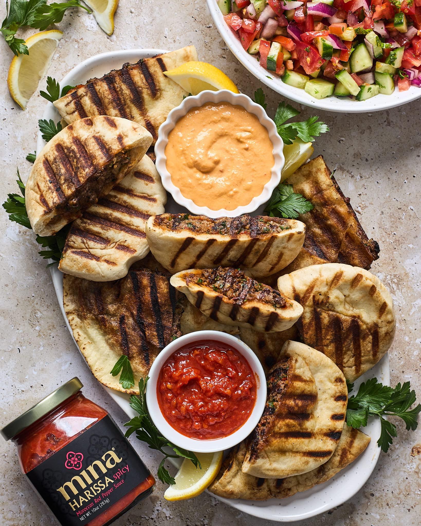 Mina Mina Harissa Sauce Duo, Red Harissa Hot Sauce (10 oz) & Green Harissa Hot Sauce (10 oz), Authentic Moroccan Spicy Chili Pastes, Excite Your Senses with Mina\'s Harissa Seasoning