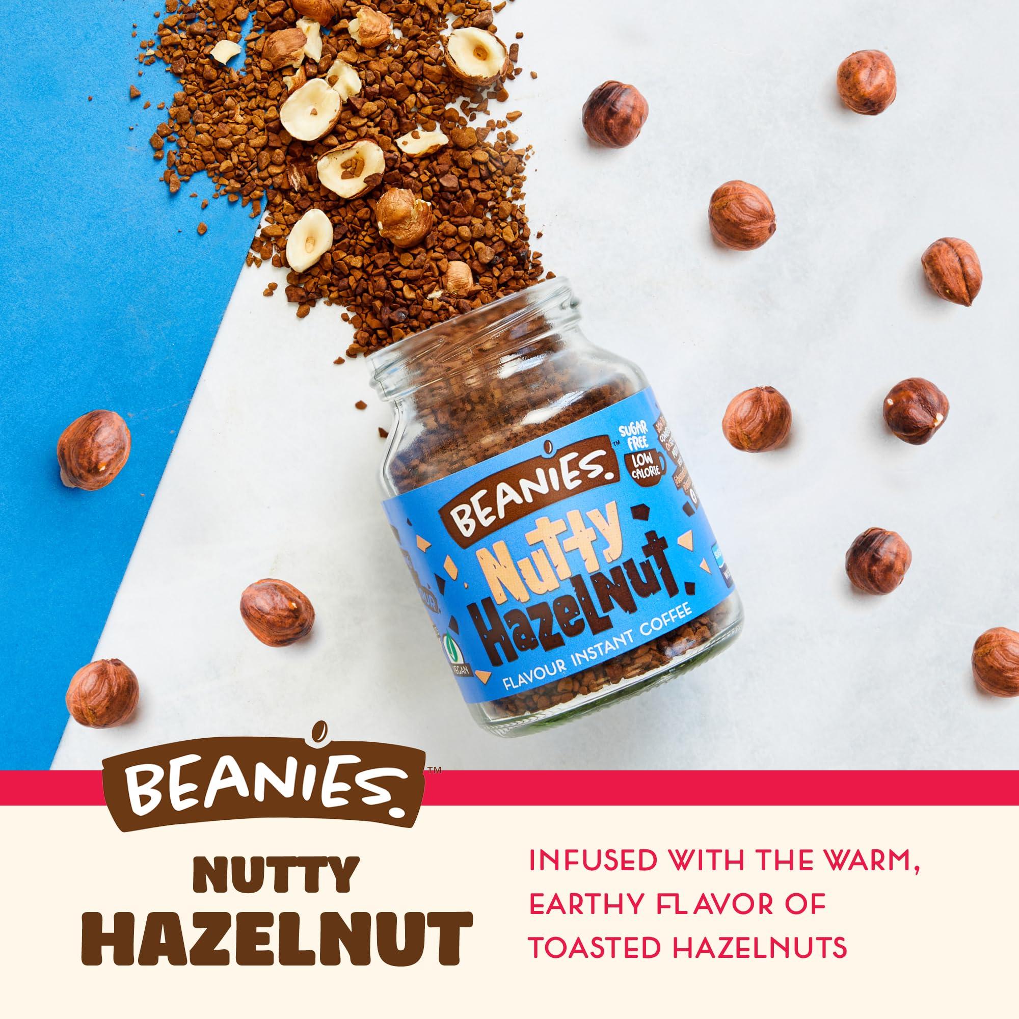 Beanies Beanies Flavour Instant Coffee -Nutty Hazelnut Instant Flavored Coffee - Bold & Adventurous Full-On Flavor - An Indulgent Sugar Free Taste Explosion - Low Calorie - Vegan & Gluten Free - Wheat & Dairy Free, 50g jar