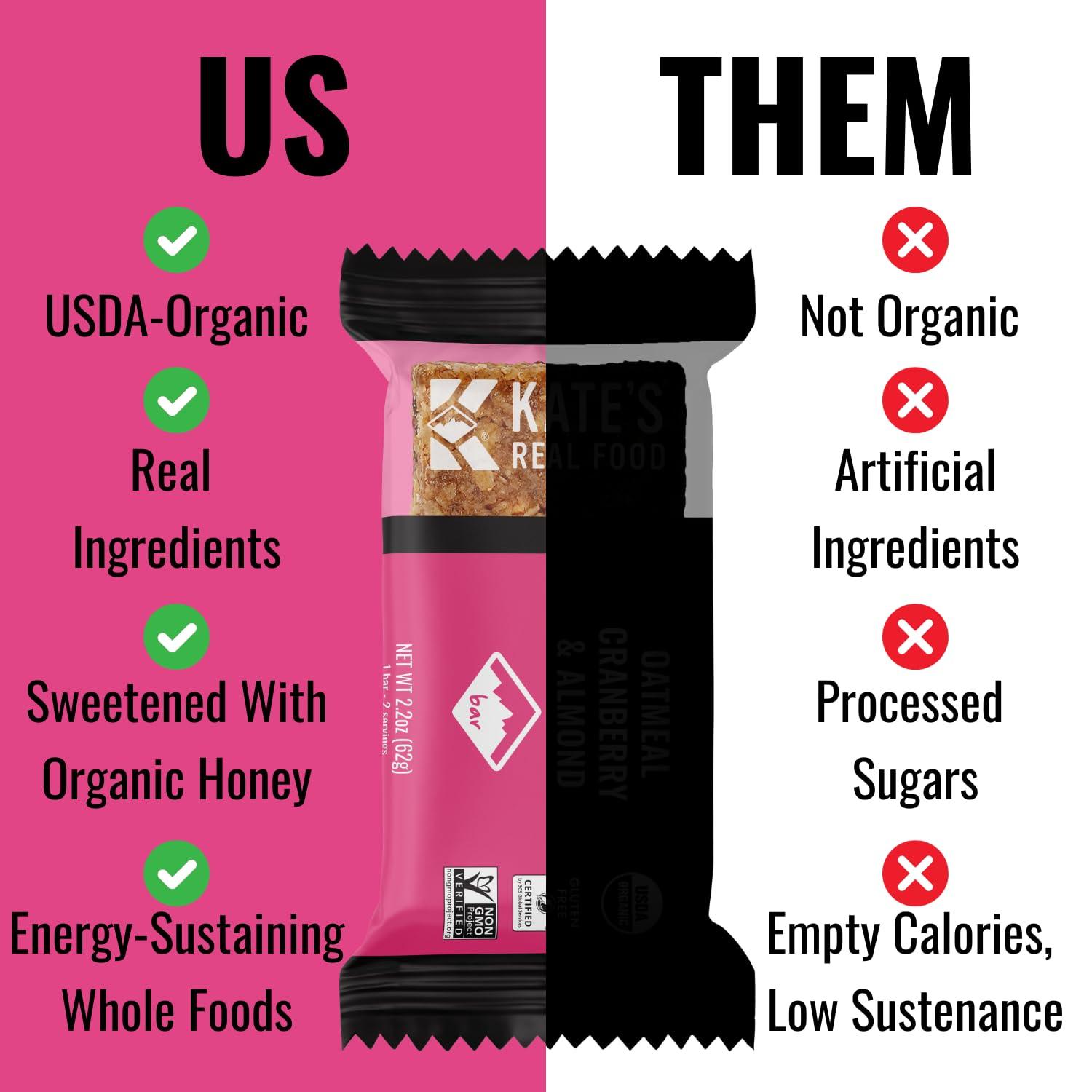 Kate's Kate’s Real Food Organic Energy Bars, Non-GMO, All-Natural Ingredients, Gluten-Free and Soy-Free Healthy Snack with Natural Flavors, Oatmeal Cranberry & Almond (Pack of 12)