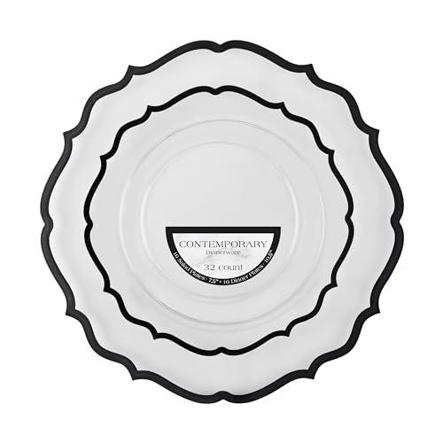 PLASTICPRO PLASTICPRO 32 Pack Elegant Disposable Plastic Plates Combo Set Includes 16 Dinner Plates and 16 Salad Plates Heavy Duty Fancy Party Plates Clear & Black Contemporary Design