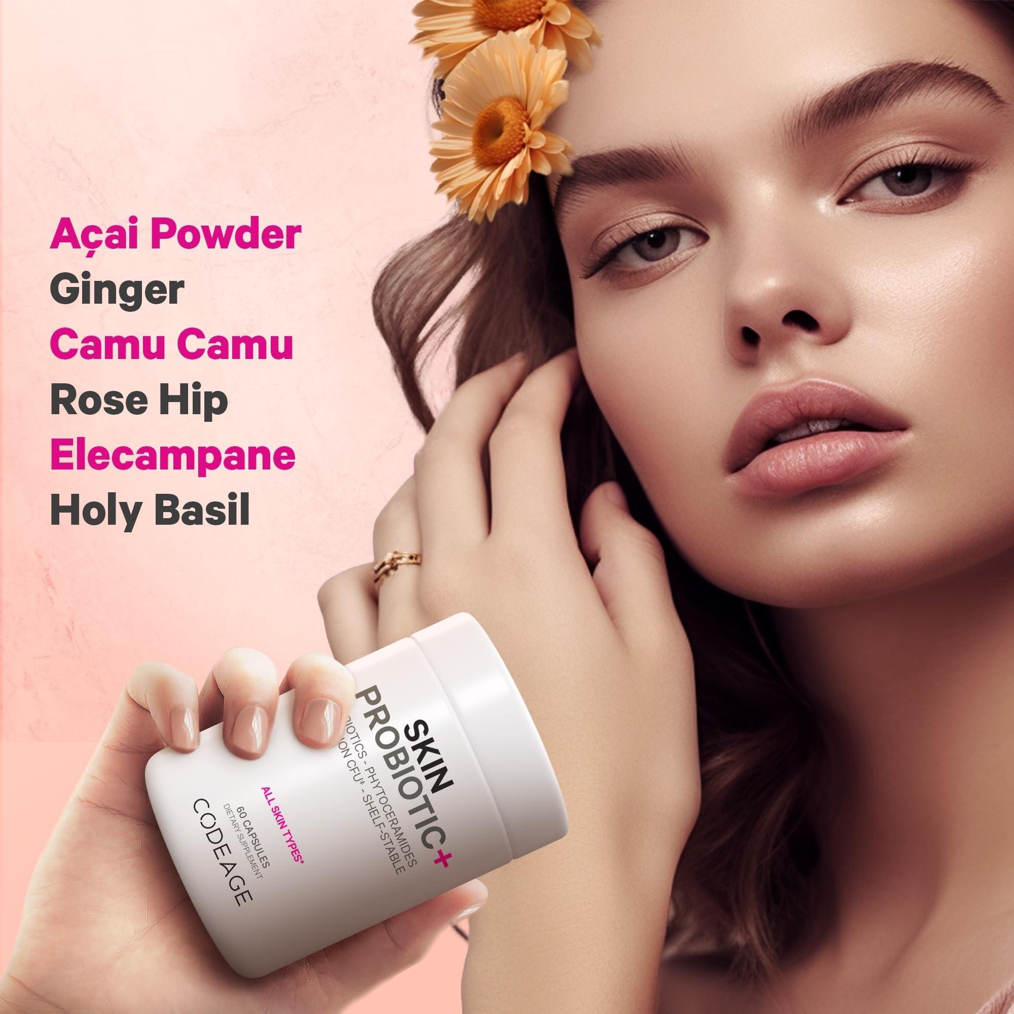 Codeage Codeage Skin Probiotics + Prebiotics - Skin Care Routine Supplement - 50 Billion CFU - Ayurvedic Botanical Herbs - Face Probiotics - Shelf Stable Cleanser, Non-GMO, Vegan - 60 Capsules