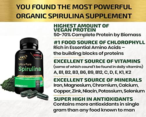 HCL HERBAL CODE LABS Organic Spirulina Powder Capsules 3000 mg - Purest Non-Irradiated Blue Green Algae - Best Raw Vegan Protein - Green Superfood - Natural Multivitamins – 180 Pills Made in The USA