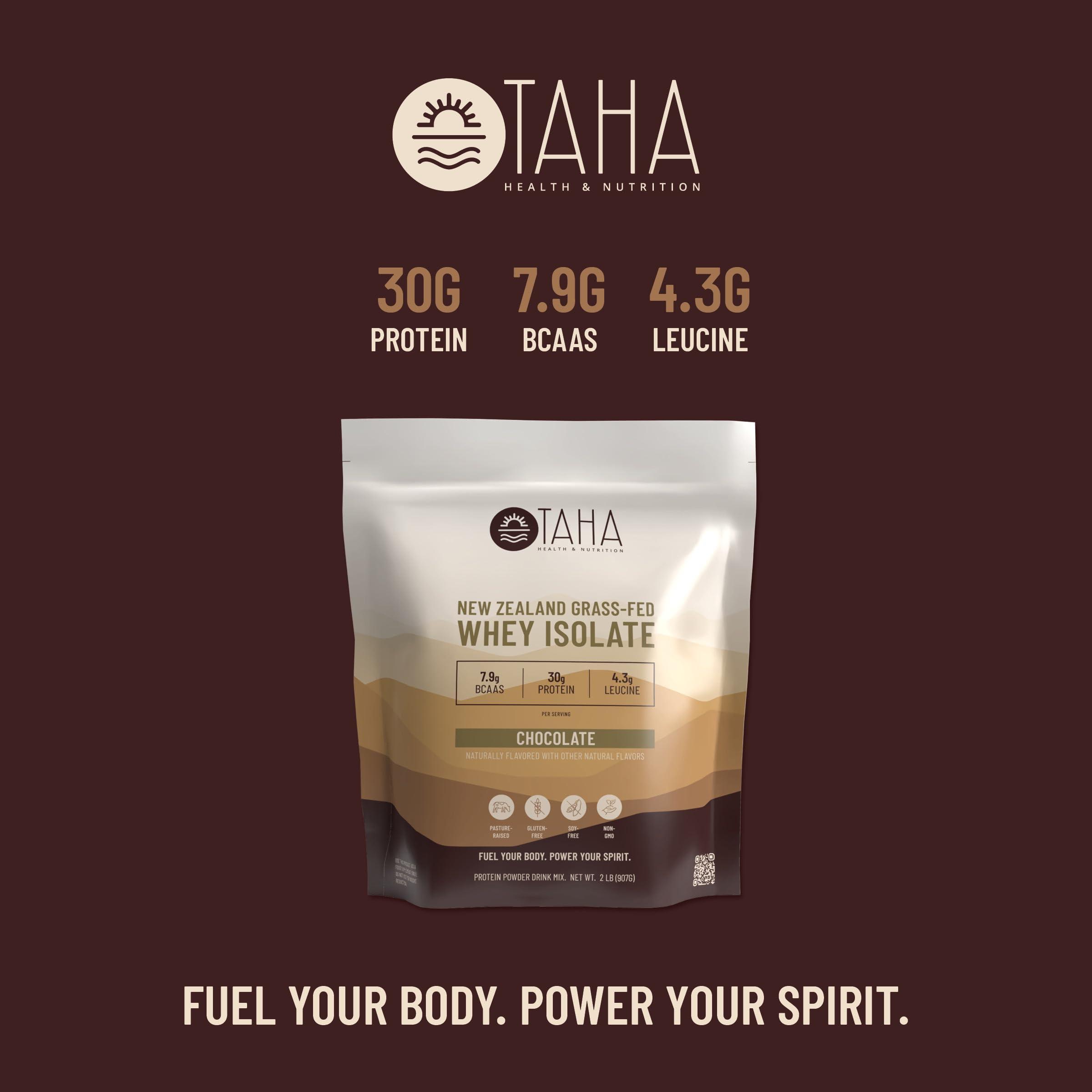Taha Health & Nutrition Taha Health & Nutrition Chocolate Whey Protein Isolate Powder, 30g Protein, 7.9g BCAAs, 4.3g Leucine | New Zealand Free-Range, Grass-Fed Dairy | Gluten-Free, Keto, Kosher | 2LB, ~24 Servings
