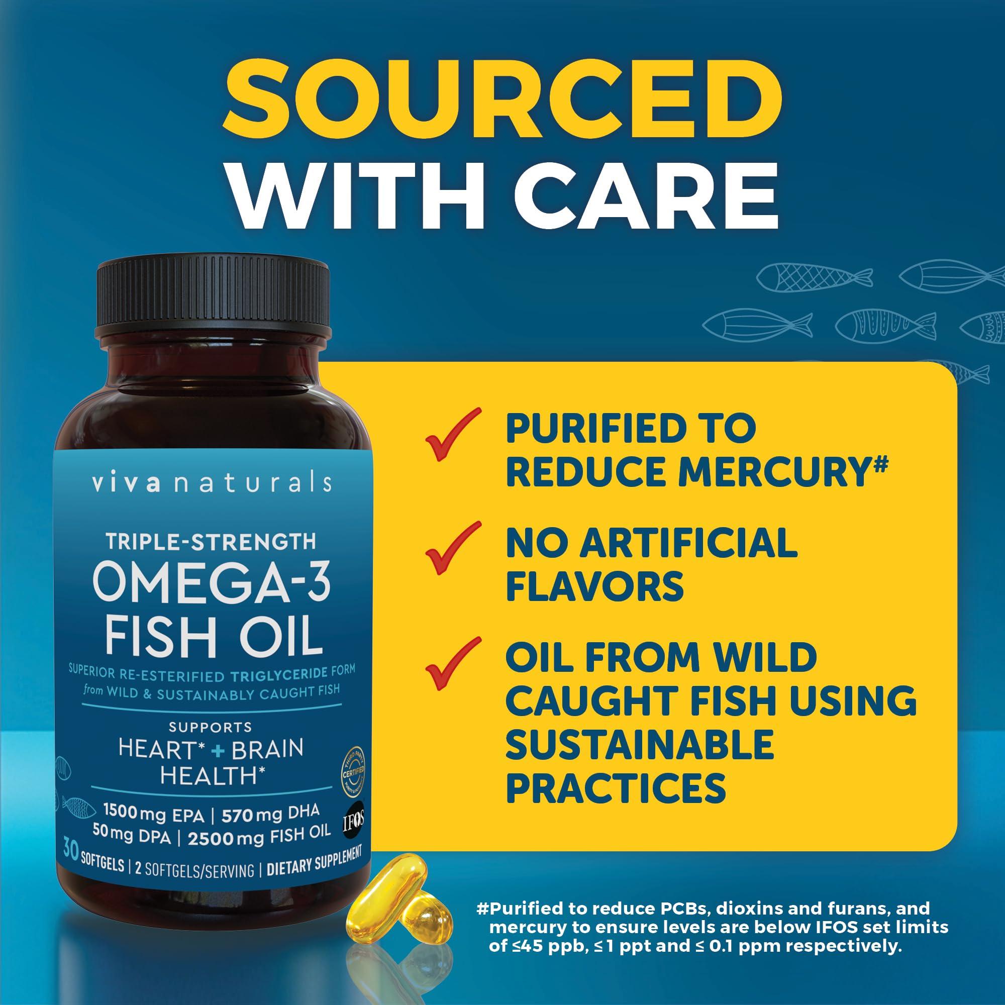 Viva Naturals Viva Naturals Triple Strength Omega 3 Fish Oil Supplement - 2500 mg Fish Oil with Re-Esterified Omega 3 Fatty Acids Including EPA, DHA DPA - 30 Pescatarian-Friendly Softgels