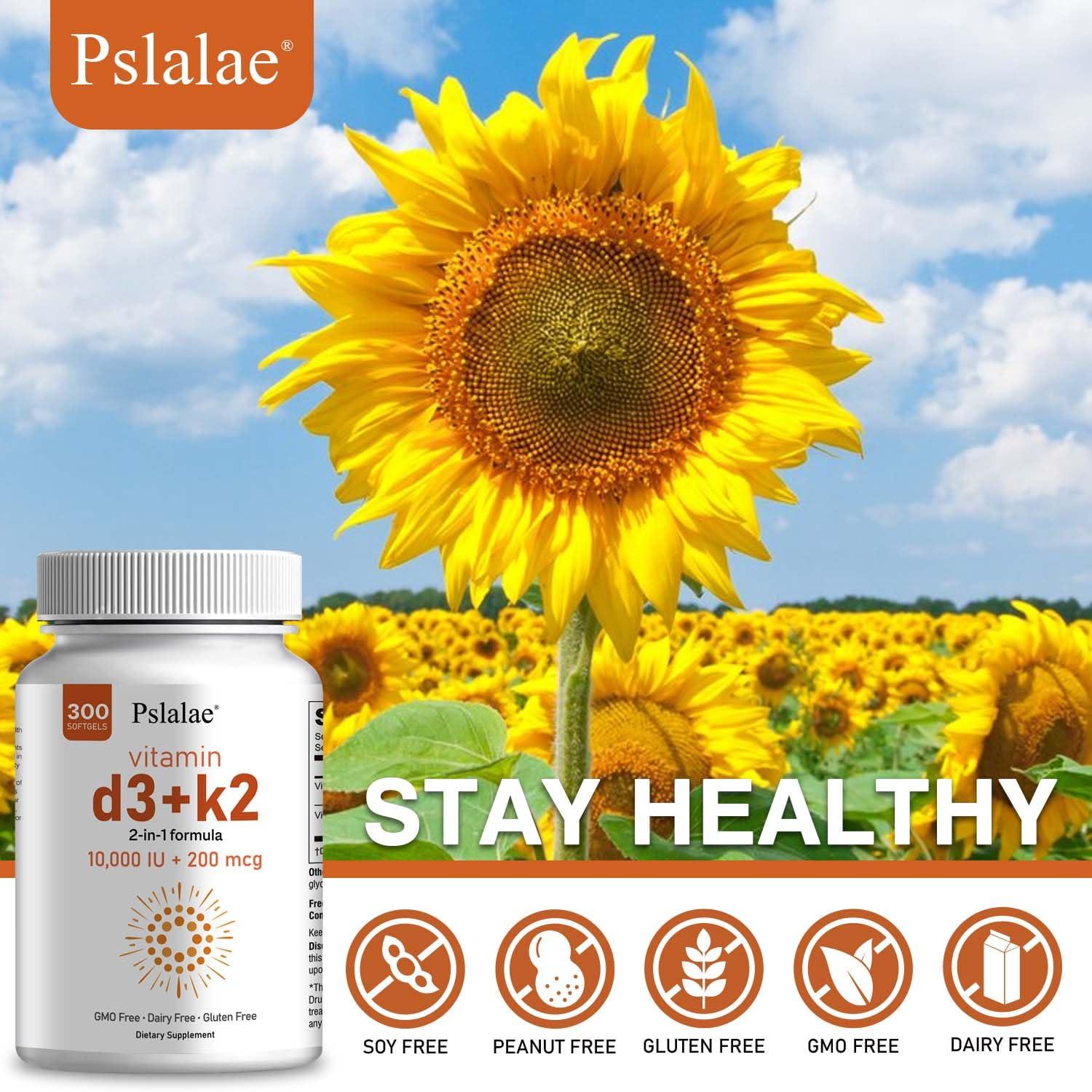 Pslalae Pslalae Vitamin D3 10000 Iu with K2 200 McgK2 Mk-7 with D3 Vitamin Supplement2 in 1 Support Immune, Heart, Joint, Teeth & Bone Health - Easy to Swallow,300 Softgel 2pack