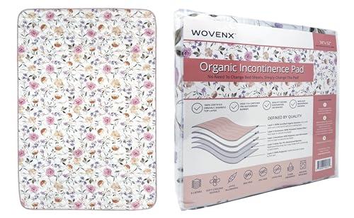 wovenx WOVENX Organic Incontinence Pads for Kids & Toddlers - 5 Layer Waterproof Protectors for Overnight Bed Wetting - Reusable & Washable Pee Pads - Fits Twin to Full Size Beds - 34\" x 52\" Flower