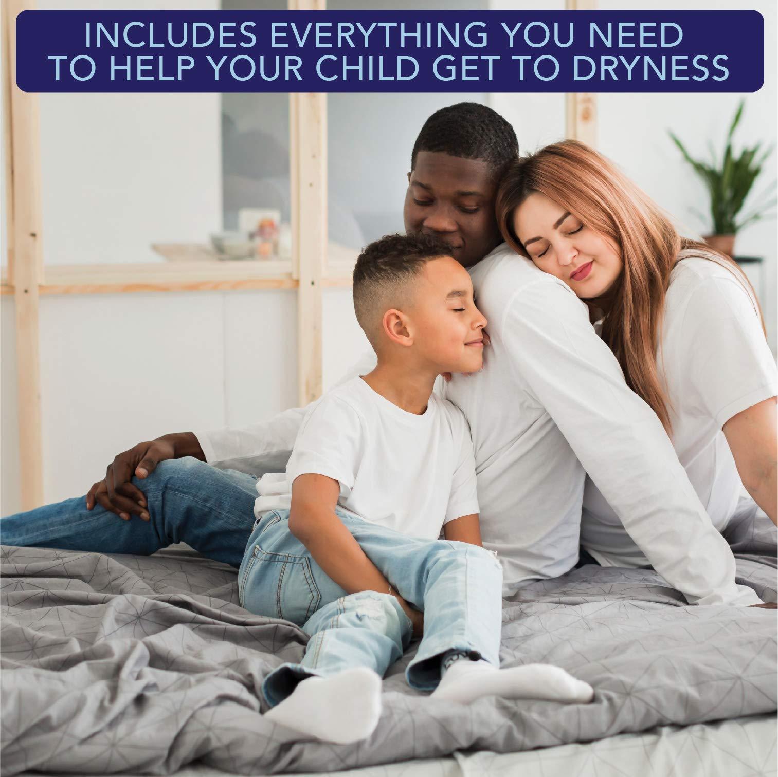 dry defender Rodger Wireless Bedwetting Alarm Kit - Bed Wetting System for Kids - Two Moisture Sensing Briefs, Waterproof Bed Pad, Guide Book, Free Mobile App - Child, Navy, Medium