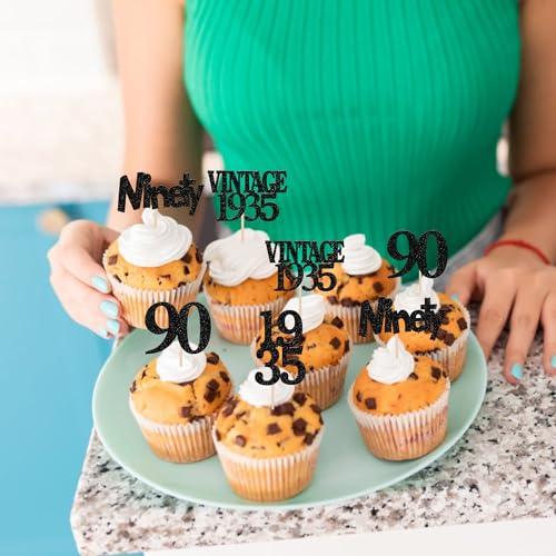 Rsstarxi Rsstarxi 24 Pack 90th Birthday Cupcake Toppers Black Glitter Vintage 1933 Cupcake Picks Ninety Cheers to 90 Years Old Birthday Cupcake Topper for Happy 90th Birthday Anniversary Party Cake Decorations