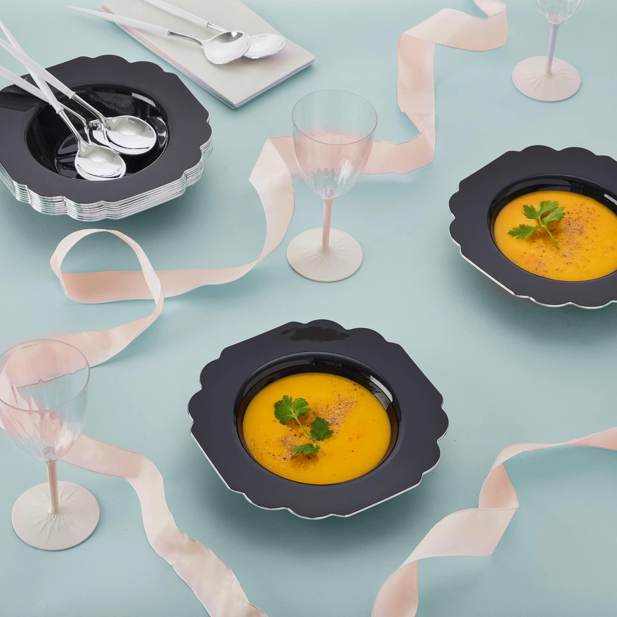 Silver Spoons SILVER SPOONS Disposable Plastic Soup Bowls (10 Piece), Heavy Duty Disposable Soup plates (12 oz), Fine Dining Plastic Dishes For Elegant China Look, Upscaled Servings, Celebrations & Events - Black