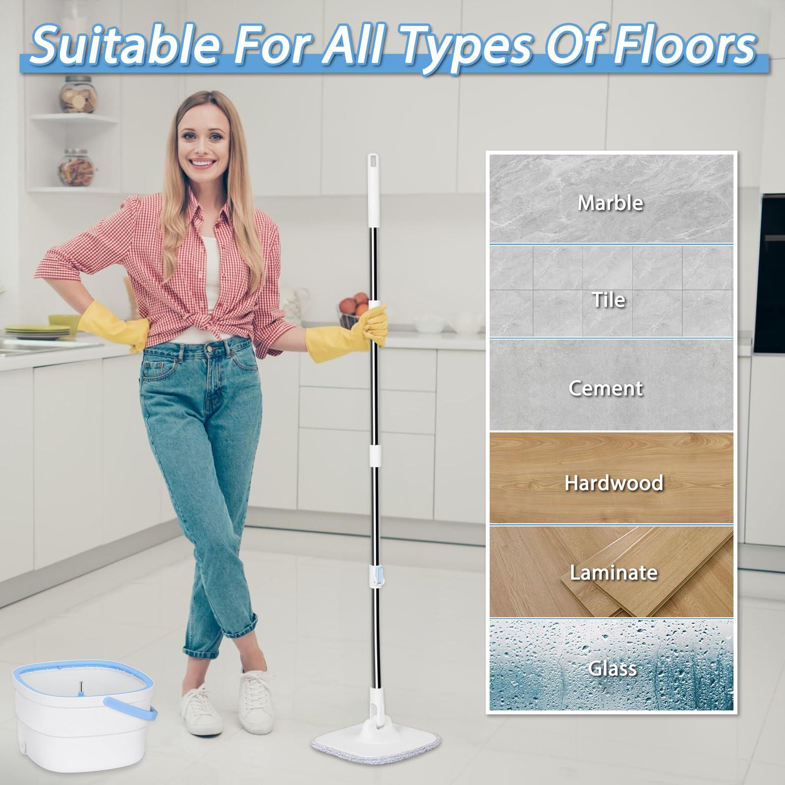 CIWEI Spin Mop, Mop and Bucket with Wringer Set for Home Cleaning Spinning Mops with Separate Dirty and Clean Water Wet and Dry Mop for Floors (Square Spin Mop, 3 Washable Microfiber Mop Pads)