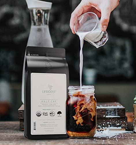 LIFEBOOST Lifeboost Coffee Half Caff Whole Bean Coffee - Low Acid Single Origin USDA Organic Coffee - Non-GMO Whole Bean Coffee Third Party Tested For Mycotoxins & Pesticides - 12 Ounces