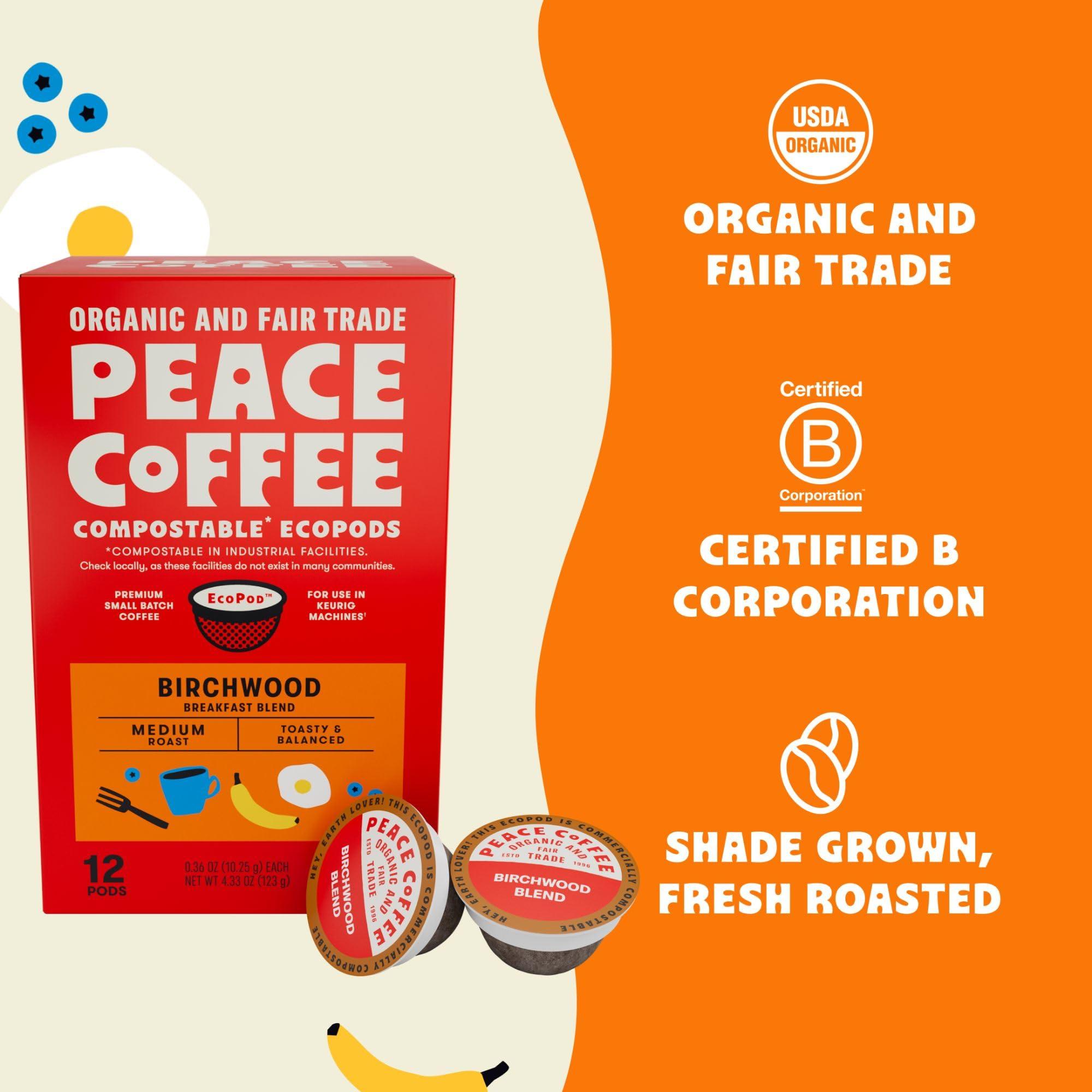 Peace Coffee Peace Coffee Birchwood Coffee Pods | Breakfast Blend, Medium Roast | Organic Fair Trade | Shade Grown, Fresh Roasted | 72 Count