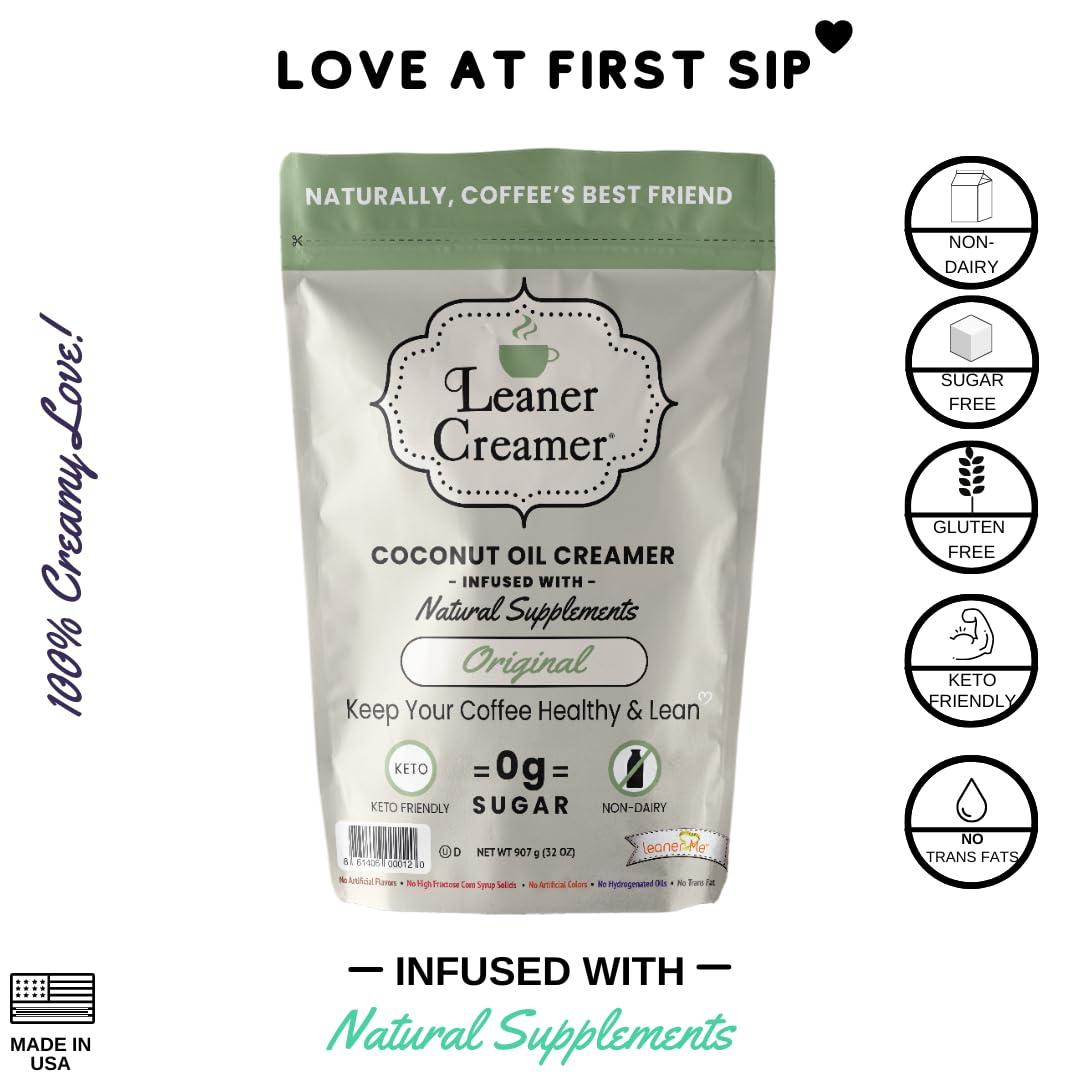 Leaner Creamer Leaner Creamer Natural Powdered Coffee Creamer, Coconut Oil Non-Dairy Powder to Naturally Cream and Sweeten Coffee for Smoothies, Vegan, Keto, Gluten-Free, Sugar-Free - Original Coffee Creamer - 32oz