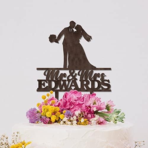 YJHLBHDIAN Engagement Cake Toppers Decorations Personalized Mr & Mrs Cake Topper Bride and Groom Silhouette Rustic Cake Topper Personalized Couple Last Name Cake Topper Brown Wood Cake Toppers
