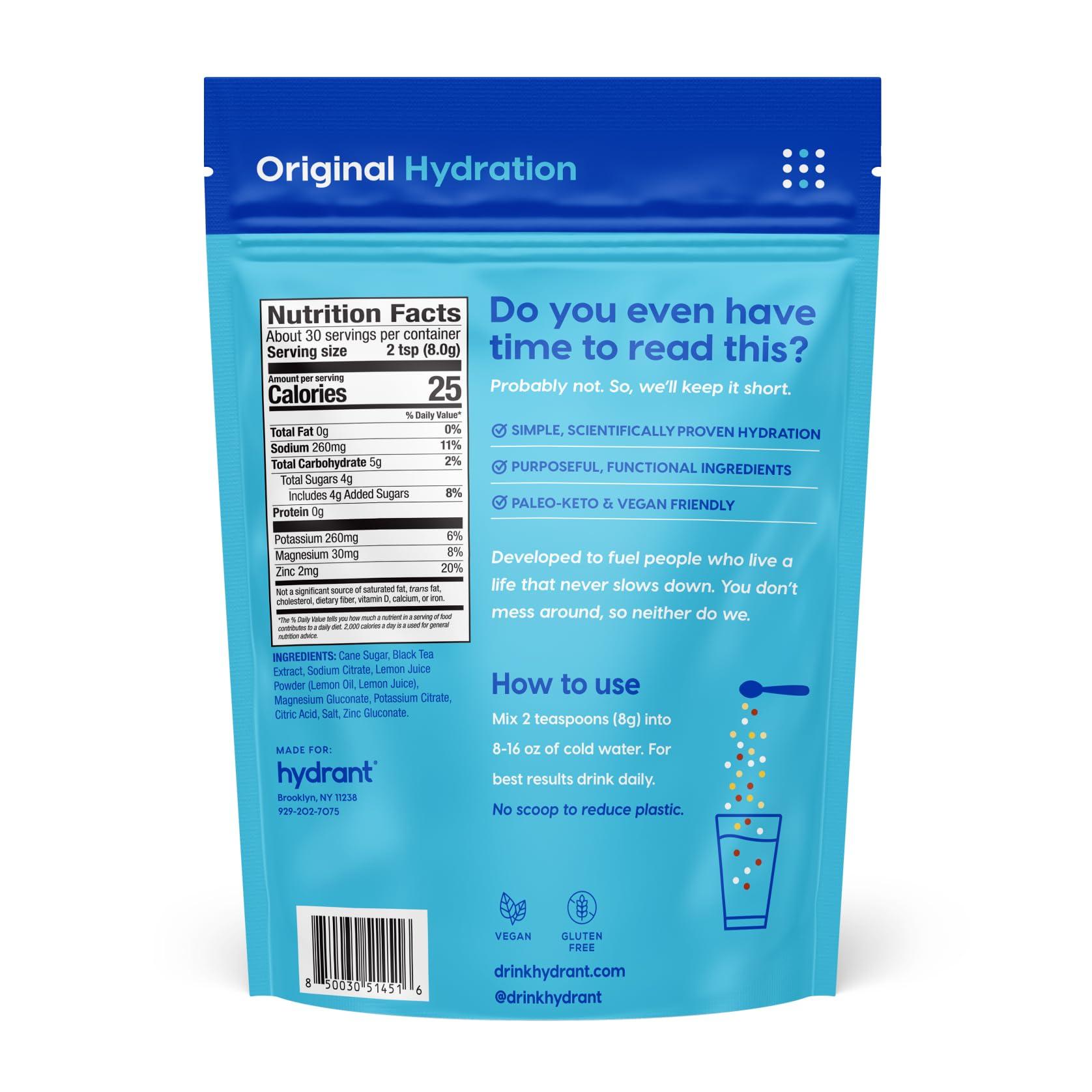 HYDRANT HYDRANT Bulk Electrolyte Drink Mix, Fast Acting Hydration with Real Fruit Juice Powder Sweetened with Cane Sugar and No Artificial Sweeteners, Bulk Electrolytes (30 Servings, Iced Tea Lemonade)
