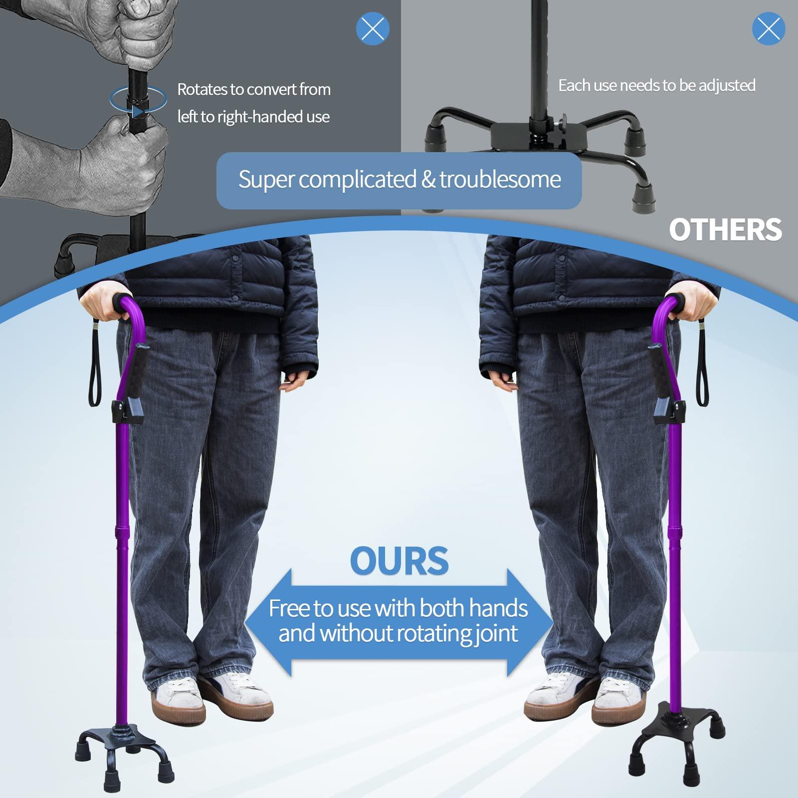 KingPavonini Adjustable Walking Cane for Men & Women with 4-Pronged Base for Extra Stability - Foldable Cane for Seniors with Foam Padded Offset Handle for Soft Grip & a Second Handle for Standing