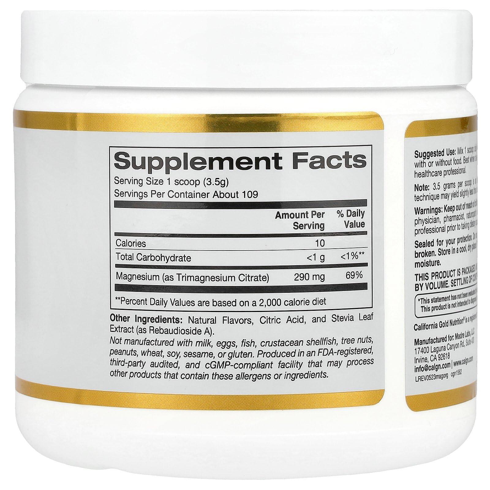 California Gold Nutrition Magnesium Powder Beverage, as Magnesium Citrate, Orange Crush Flavor, 13.4 oz (380 g)