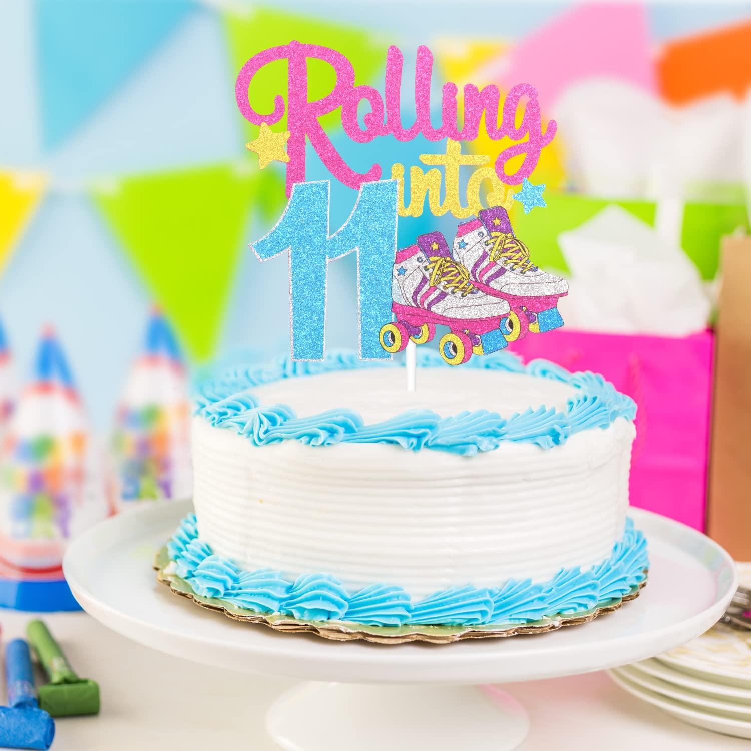 Caiwowo Rolling Into 11 Roller Skating Happy Birthday Cake Topper - 90's Throwback Girl's 11th Birthday Party Cake Topper Supplies - Roller Skating Party Supplies For Girls