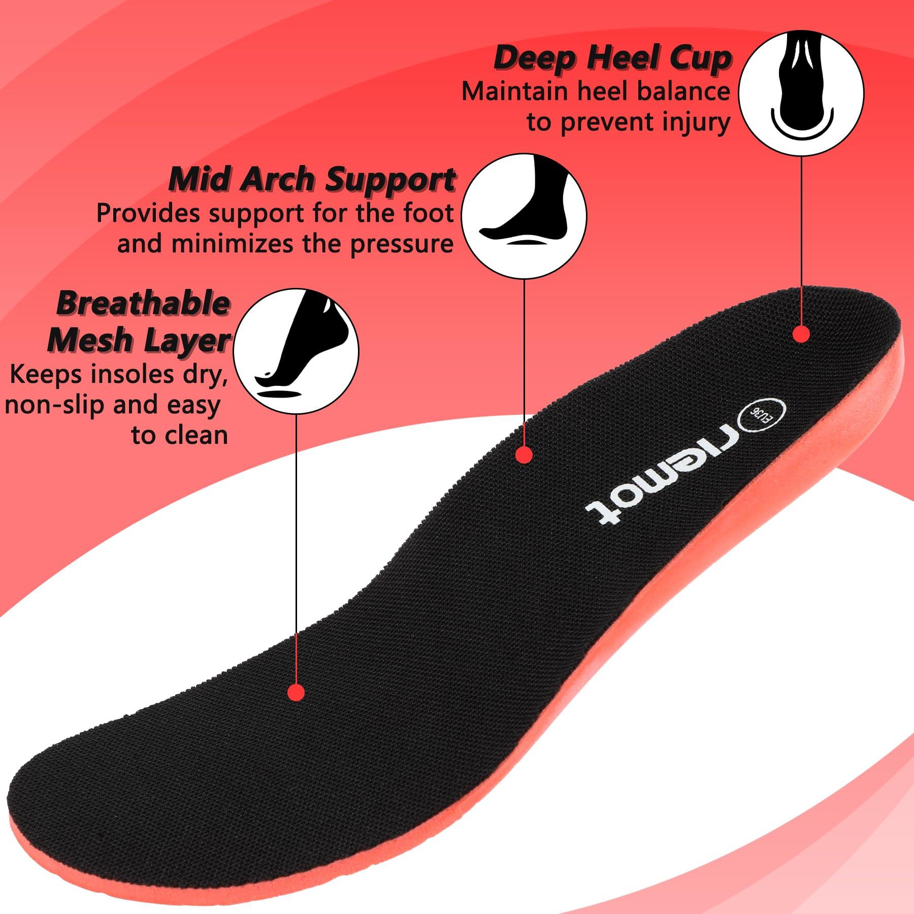 riemot riemot Arch Support Insoles for Men All-Day Comfort Gel Sport Shoe Inserts Replacement Cushioning Shock Absorbing Foam Insoles for Running Shoes Sneakers Work Boots Black US 10.5/EU 43.5