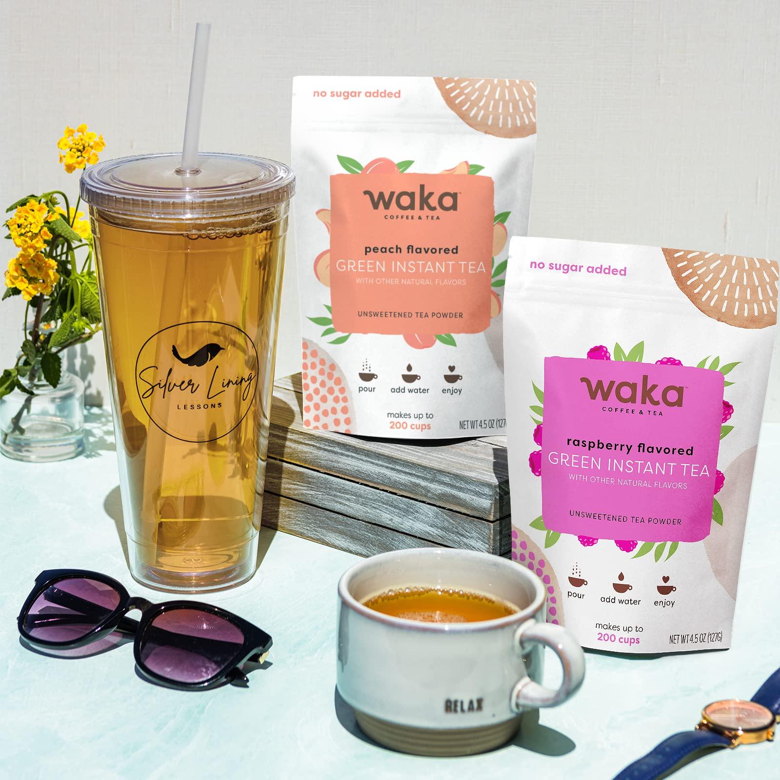 Waka Coffee Waka Instant Tea Mix, 2 Bag Bundle - 100% Tea Leaves, No Additives, Unsweetened Tea Powders - Raspberry Flavored & Peach Flavored Green (4.5oz Each)
