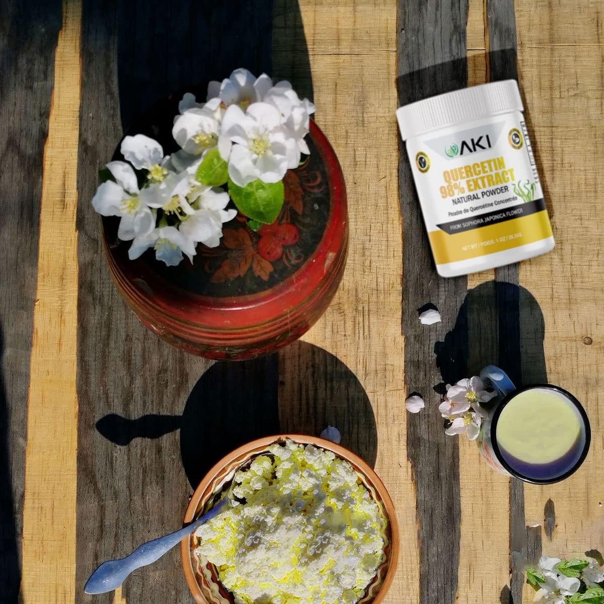 AKI ORGANIC AKI Quercetin Powder 98% Sophora Japonica Flower Extract Quercetin 725mg, Helpful in Increase Energy & Overall Wellness - Non GMO & Gluten Free - Vitamin Dietary Supplement (1oz/28.35g)