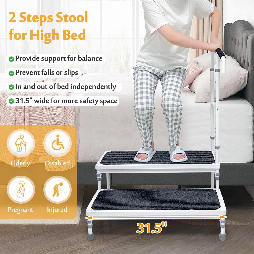 Mybow Mybow Bed Step Stool with Handle for Elderly Adults, High Beds Step Stool, Medical Bedside Step, Adjustable Bed Stairs for Adults, Wide Step Platform, Mobility Stepping Stool, Heavy Duty 2 Step Ramp