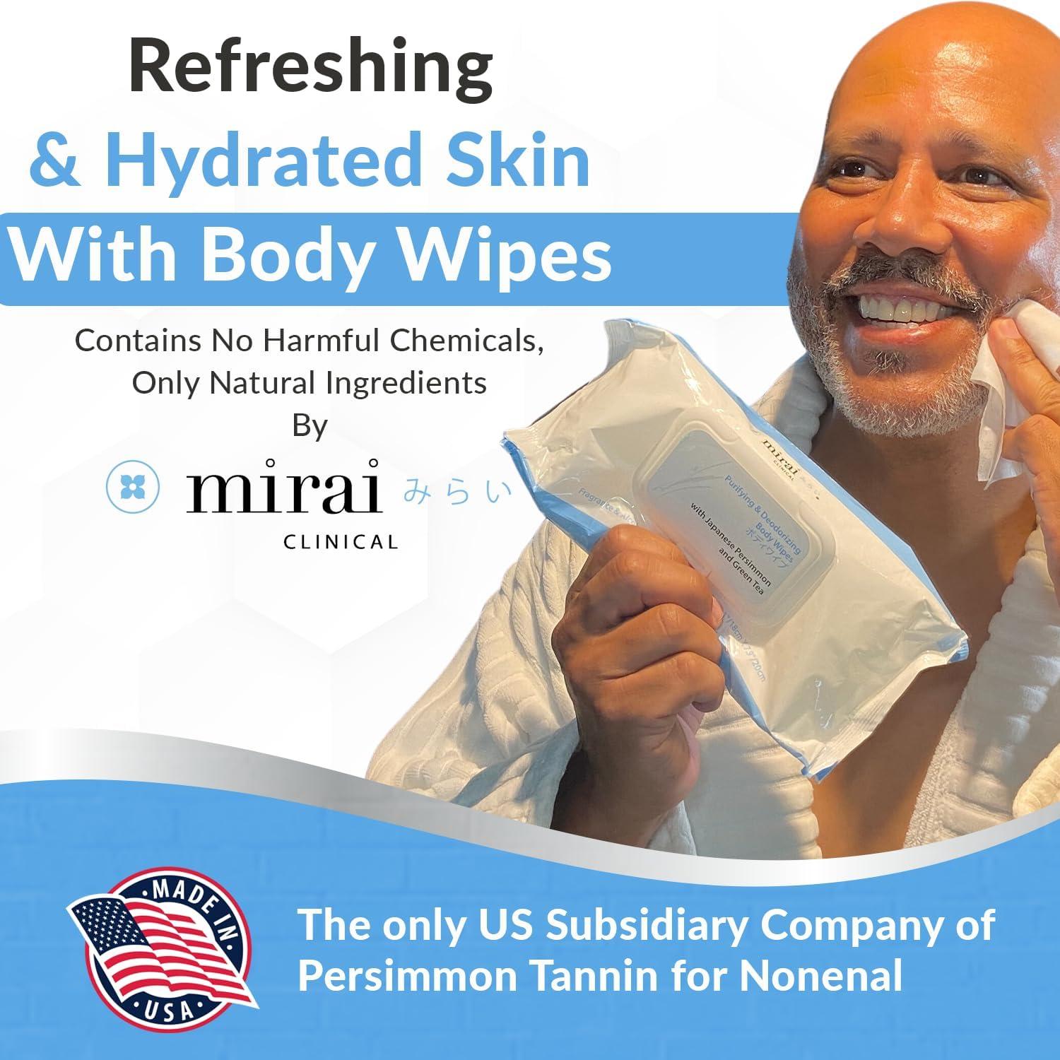 Mirai Mirai Clinical's Deodorizing Body Wipes for Women & Men - Cleansing & Refreshing Deodorant Wipes Women & Men Love - Fights Nonenal Body Odor - For Whole Body Usage - Unscented - 3 packs.